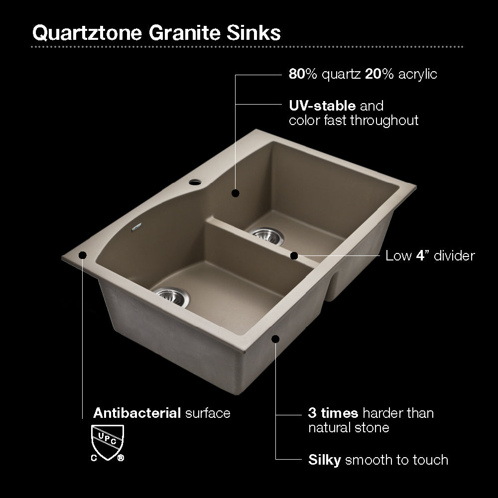 Alternate Image for Houzer Quartztone 33" Drop In/Topmount Granite Kitchen Sink, 60/40 Double Bowl, Sand, P-175 Sand