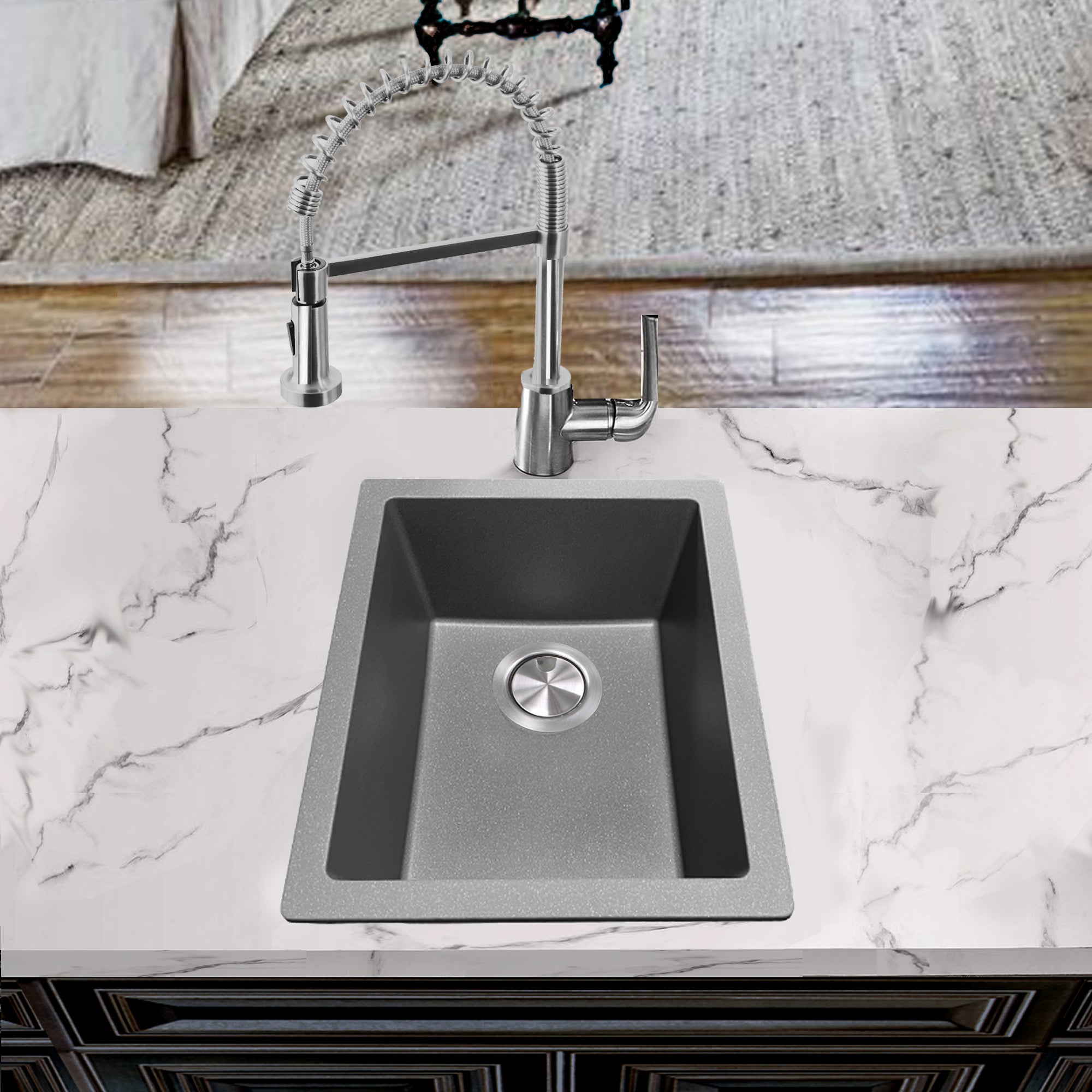 Alternate Image for Nantucket Sinks Rockport 15" Rectangle Granite Composite Bar/Kitchen Sink with Accessories, Titanium Grey, PR1815-TI