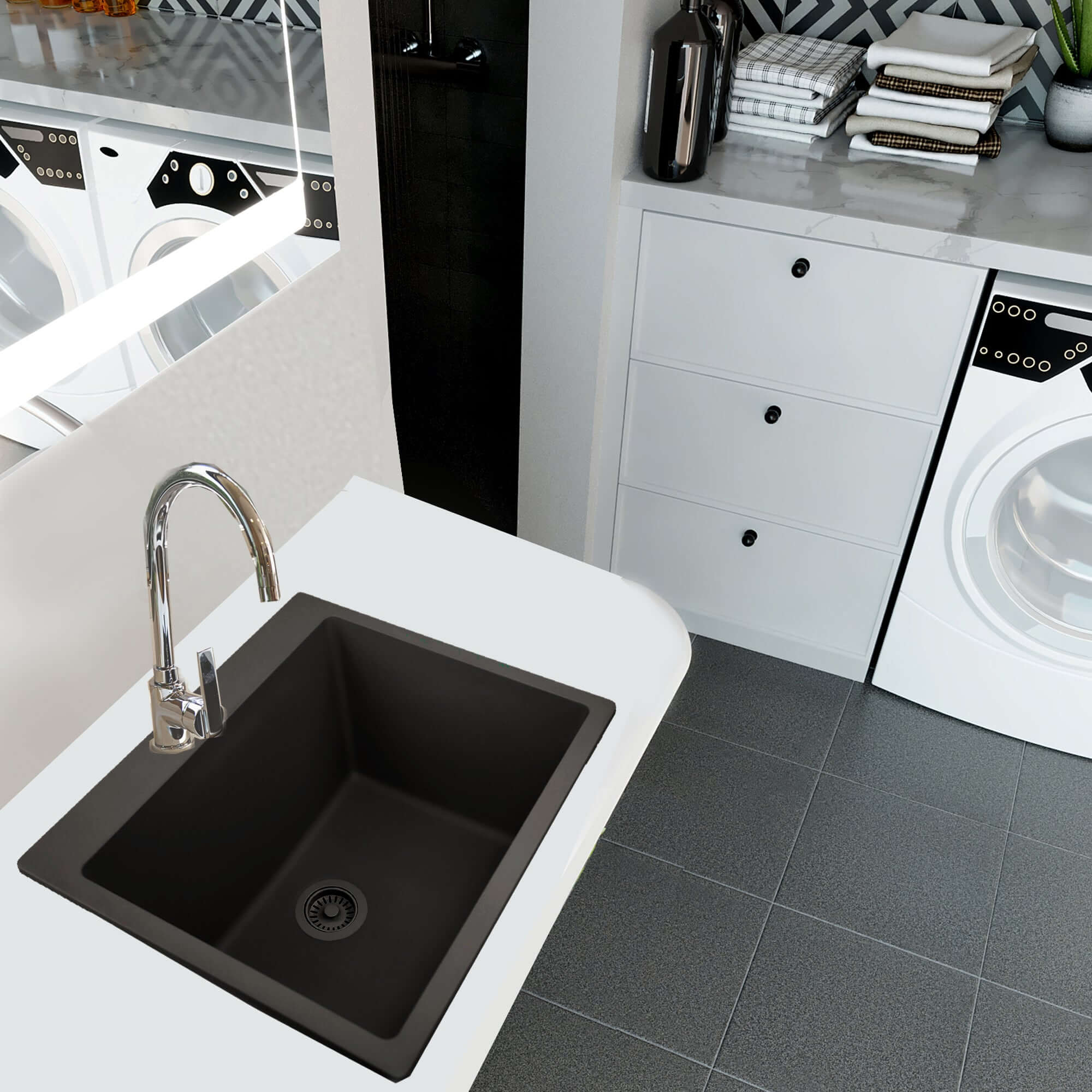 Alternate Image for Nantucket Sinks Rockport 25" Dual Mount Granite Composite Laundry Sink, Black, PR2522-DM-BL