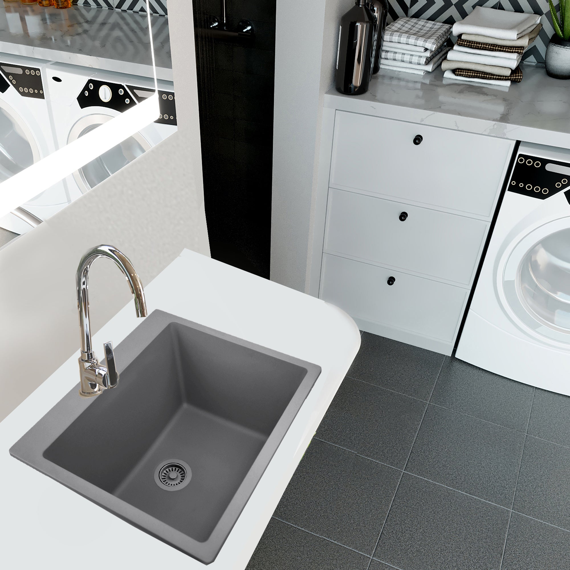 Alternate Image for Nantucket Sinks Rockport 25" Dual Mount Granite Composite Laundry Sink, Titanium, PR2522-DM-TI