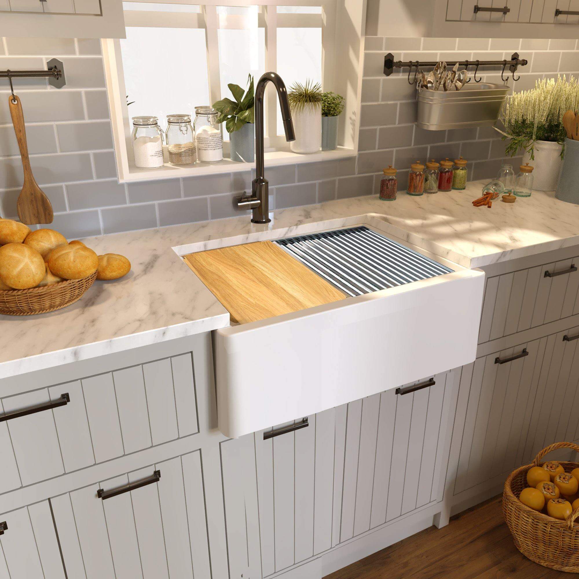 Alternate Image for Nantucket Sinks Rockport 30" Granite Composite Workstation Farmhouse Sink with Accessories, White, PR3020-APS-W