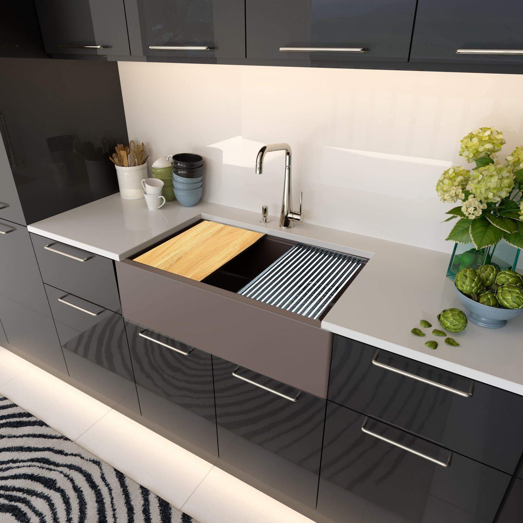 Alternate Image for Nantucket Sinks Rockport 33" Granite Composite Workstation Farmhouse Sink with Accessories, Brown, PR3320-APS-BR