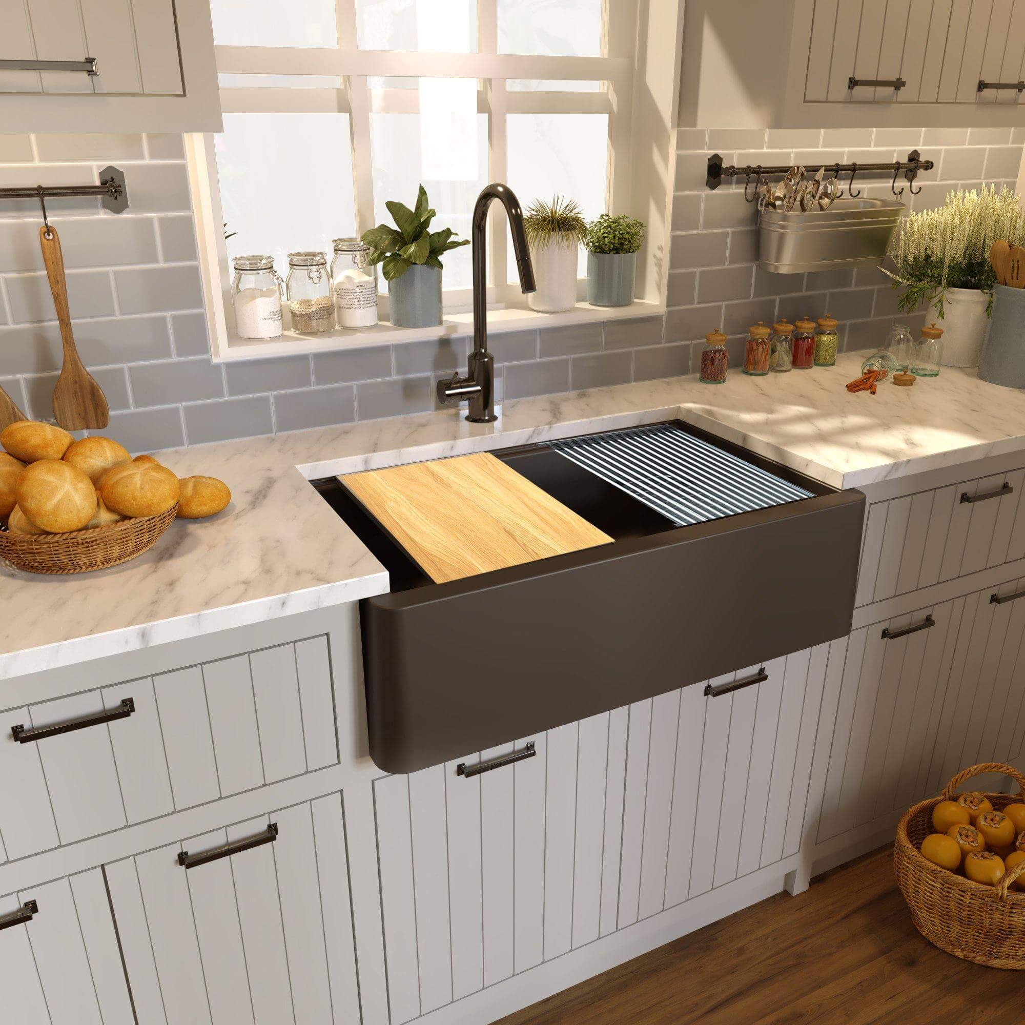 Alternate Image for Nantucket Sinks Rockport 33" Granite Composite Workstation Farmhouse Sink with Accessories, Brown, PR3320-APS-BR