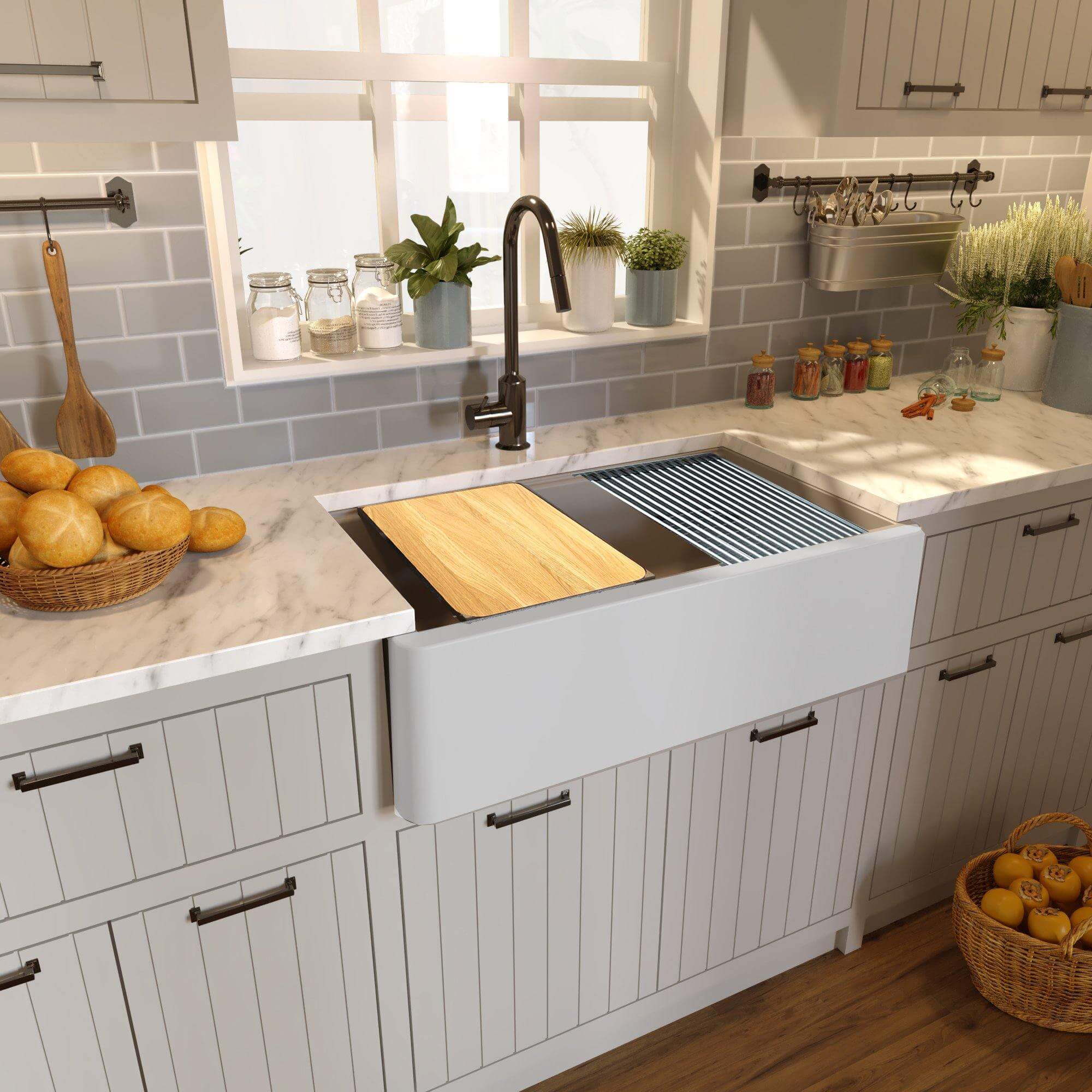 Alternate Image for Nantucket Sinks Rockport 33" Granite Composite Workstation Farmhouse Sink with Accessories, Light Grey, PR3320-APS-G