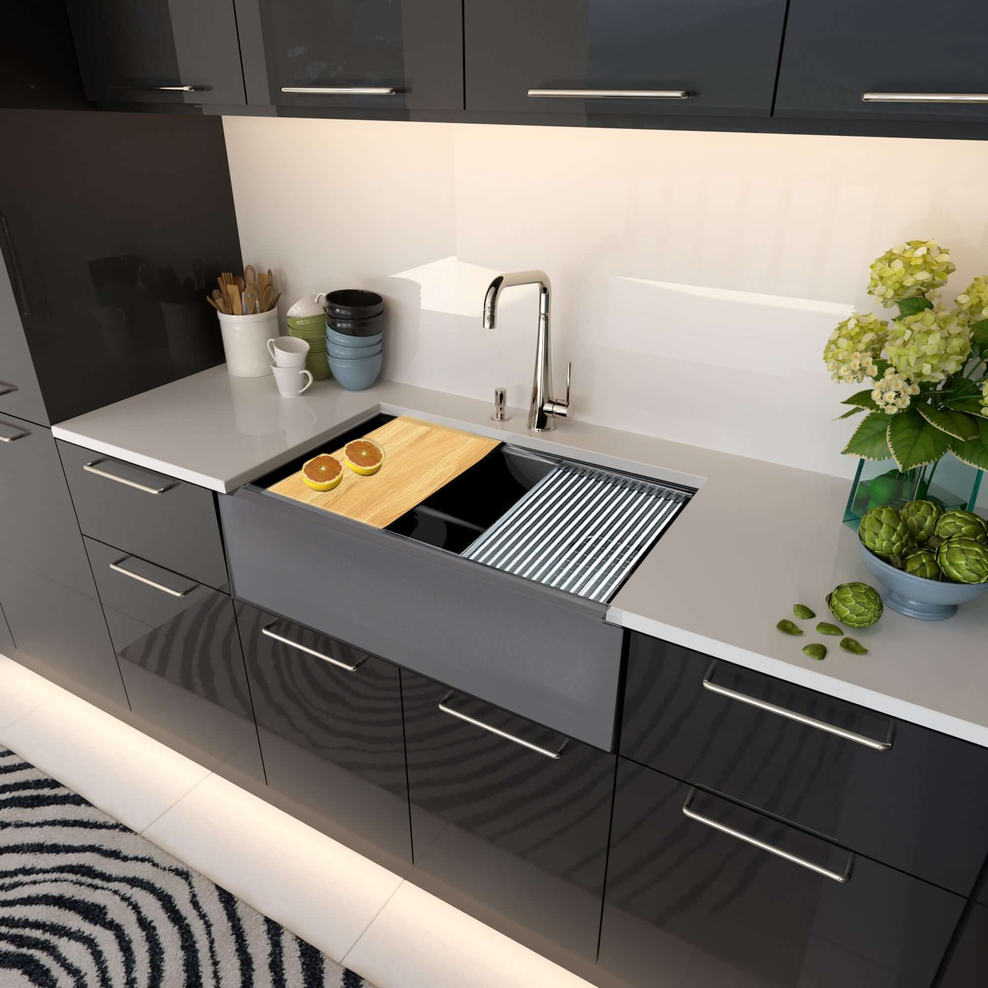 Alternate Image for Nantucket Sinks Rockport 33" Granite Composite Workstation Farmhouse Sink with Accessories, Titanium, PR3320-APS-TI