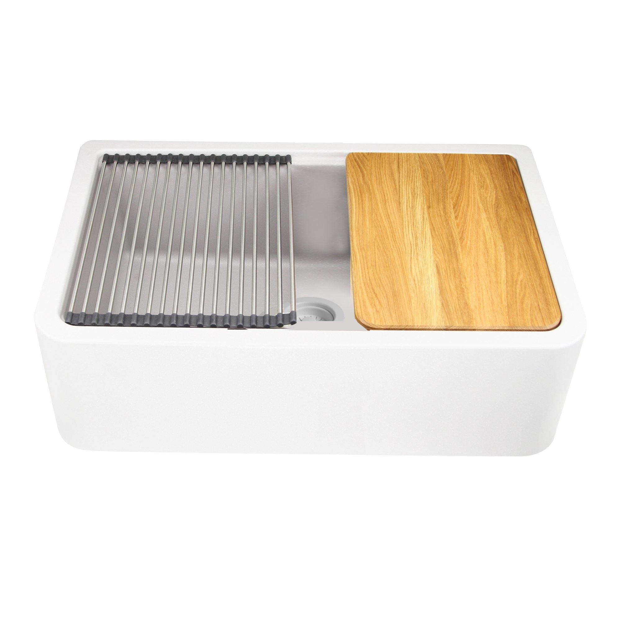 Nantucket Sinks Plymouth 33" Granite Composite Workstation Farmhouse Sink with Accessories, White, PR3320-APS-W