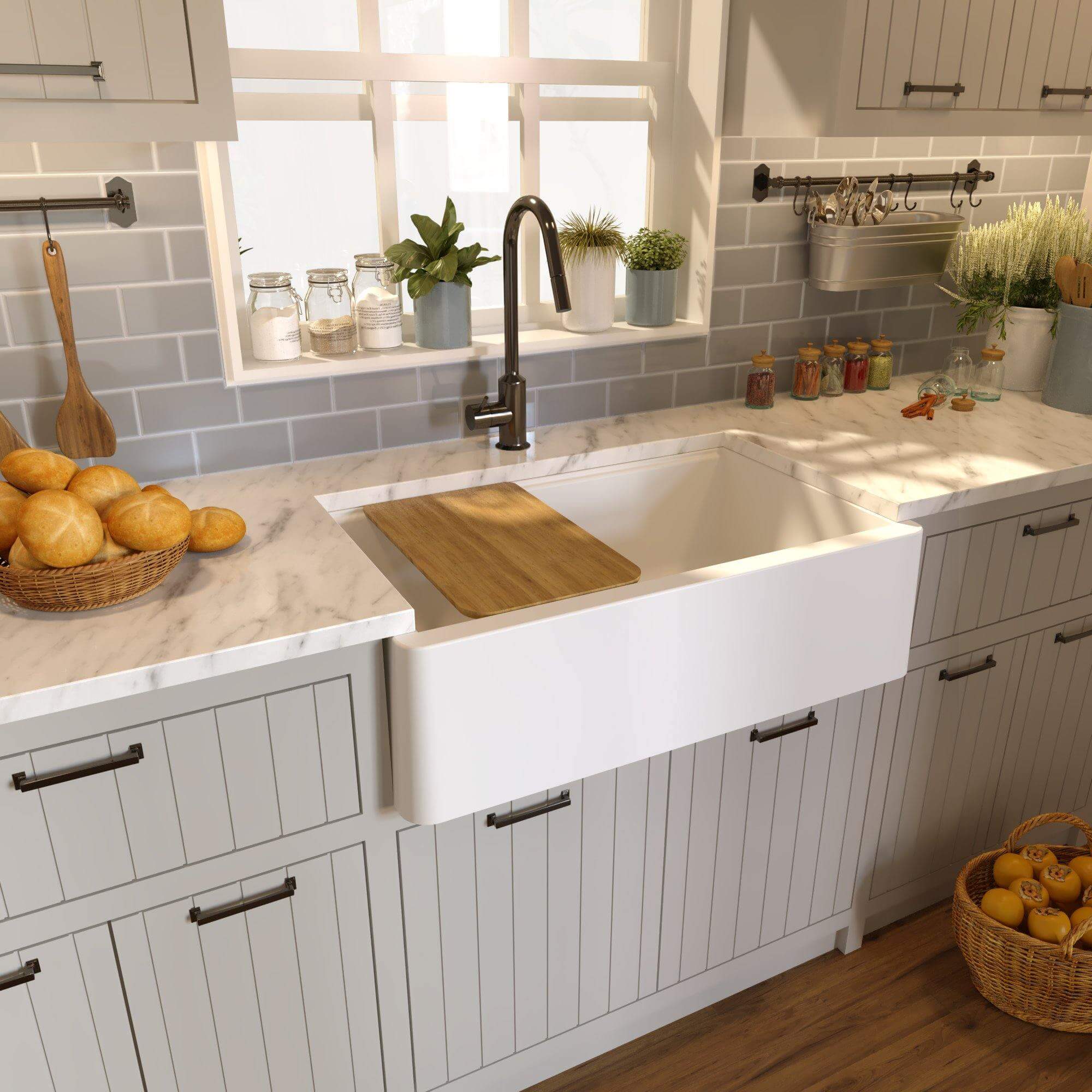 Alternate Image for Nantucket Sinks Rockport 33" Granite Composite Workstation Farmhouse Sink with Accessories, White, PR3320-APS-W