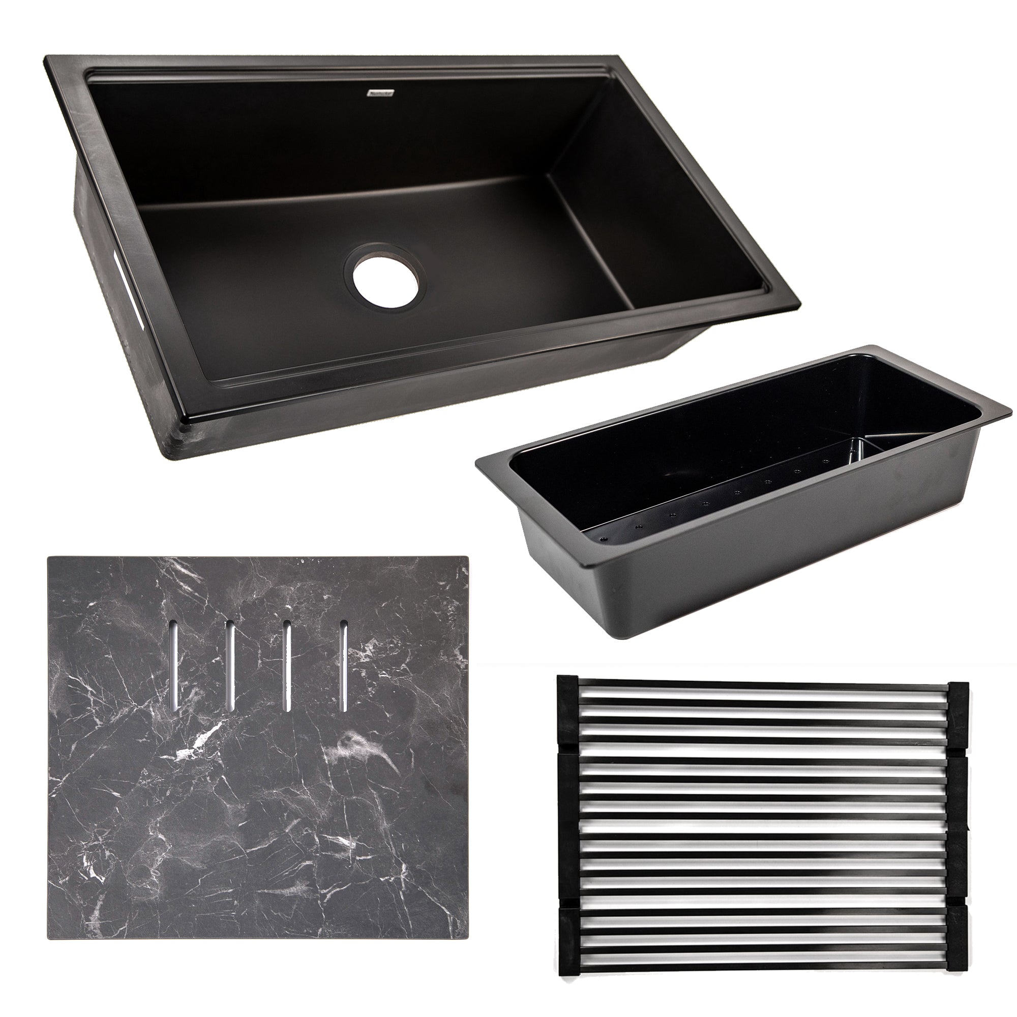 Nantucket Sinks Plymouth 34" Undermount Granite Composite Workstation Kitchen Sink with Accessories, Black, PR3419-NBL-UM