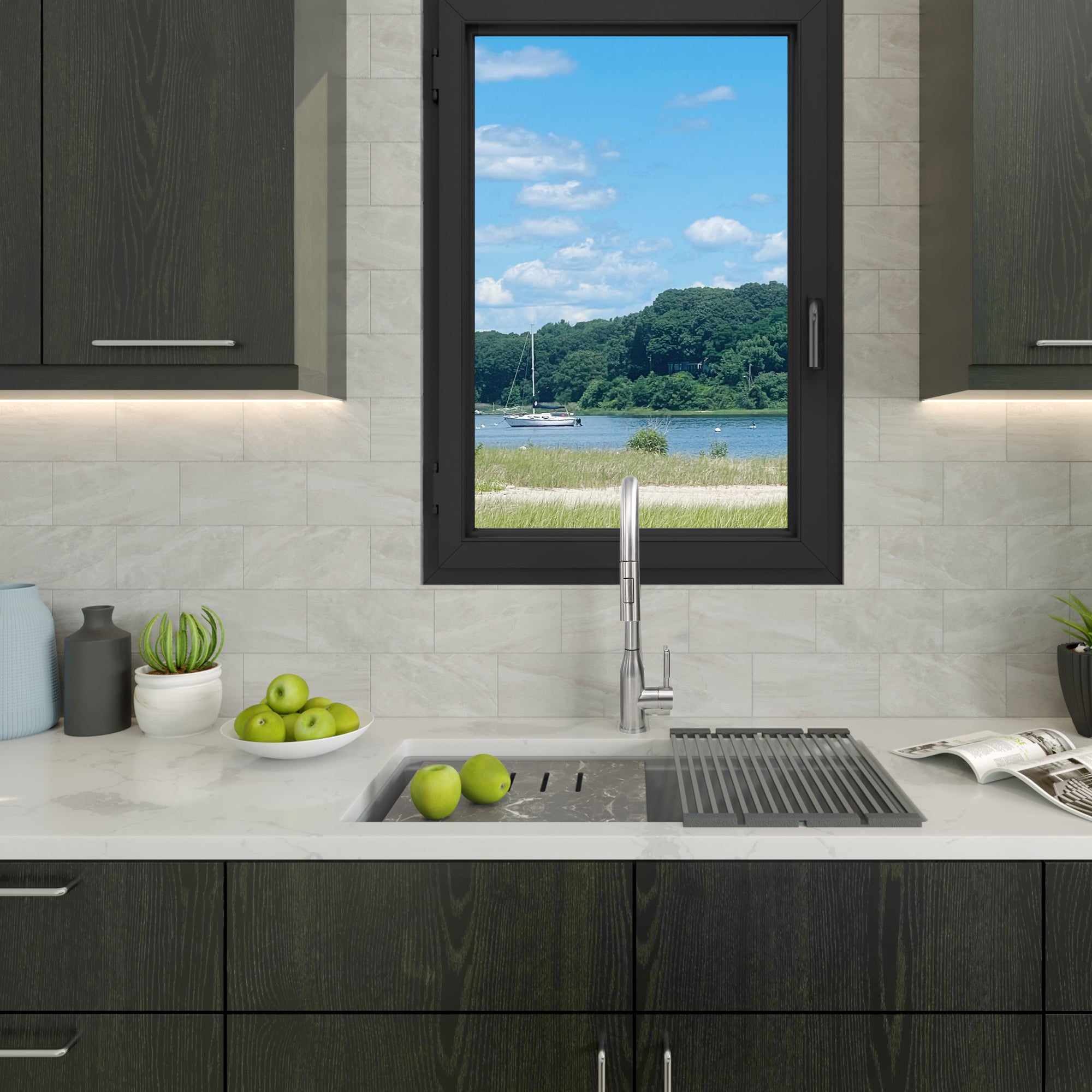 Alternate Image for Nantucket Sinks Plymouth 34" Undermount Granite Composite Workstation Kitchen Sink with Accessories, Titanium Grey, PR3419-TI-UM