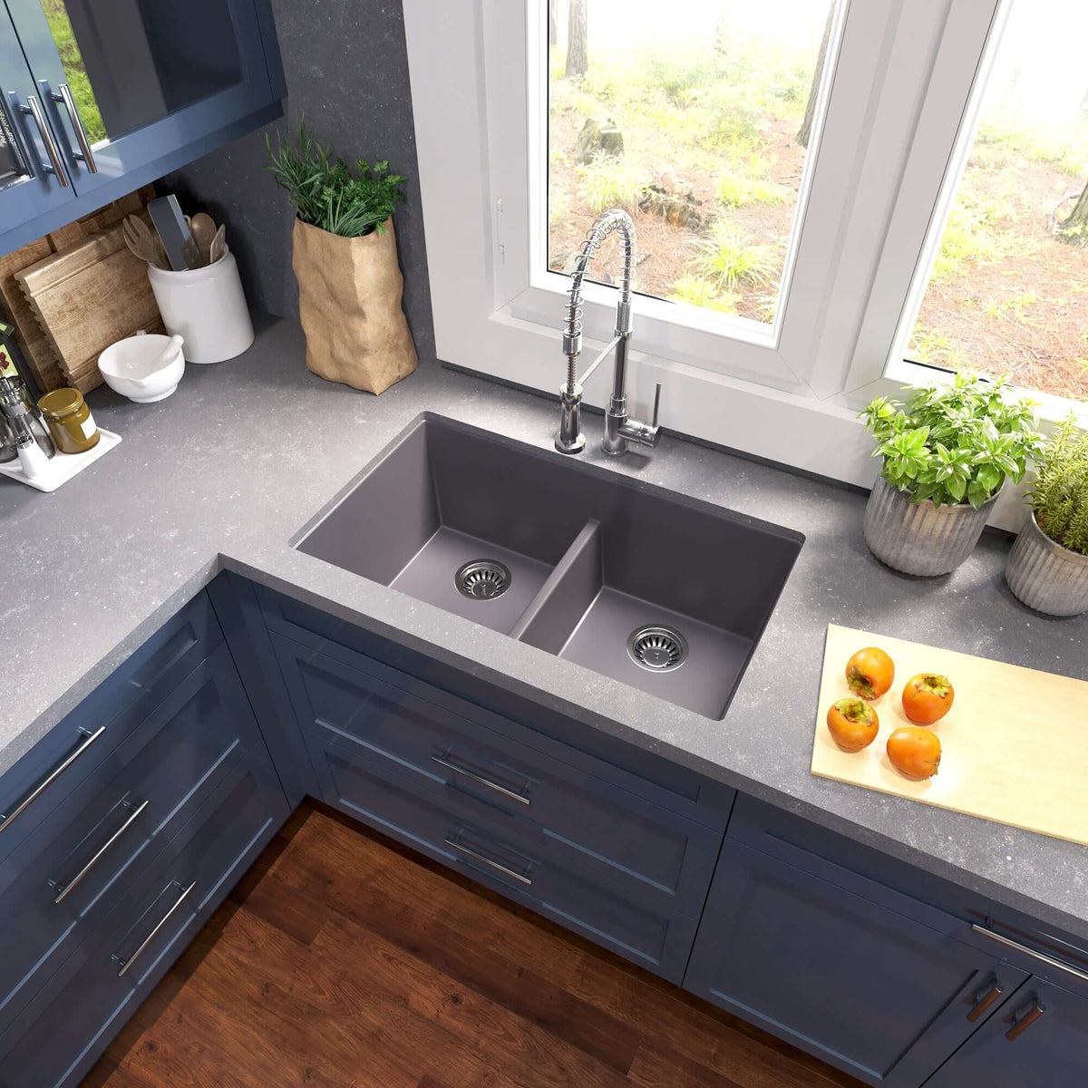 Alternate Image for Nantucket Sinks Plymouth 33" Undermount Granite Composite Kitchen Sink, 50/50 Double Bowl, Titanium Grey/metallic flecks, PR5050-LDTI