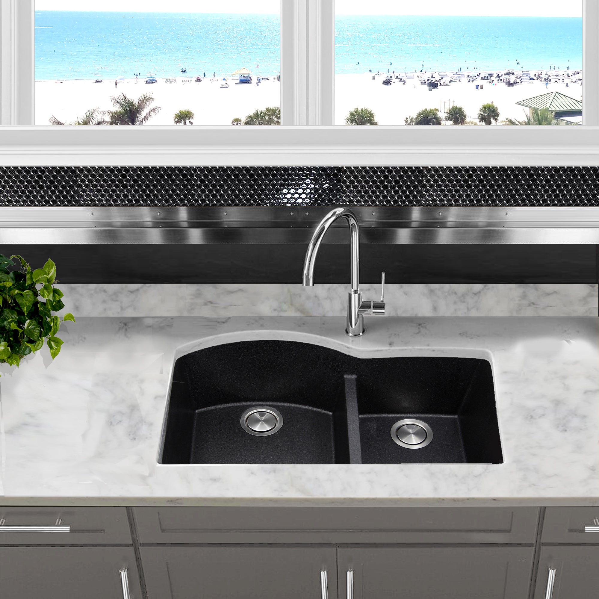 Alternate Image for Nantucket Sinks Plymouth 33" Granite Composite Kitchen Sink, 60/40 Double Bowl, Black, PR6040-BL-UM