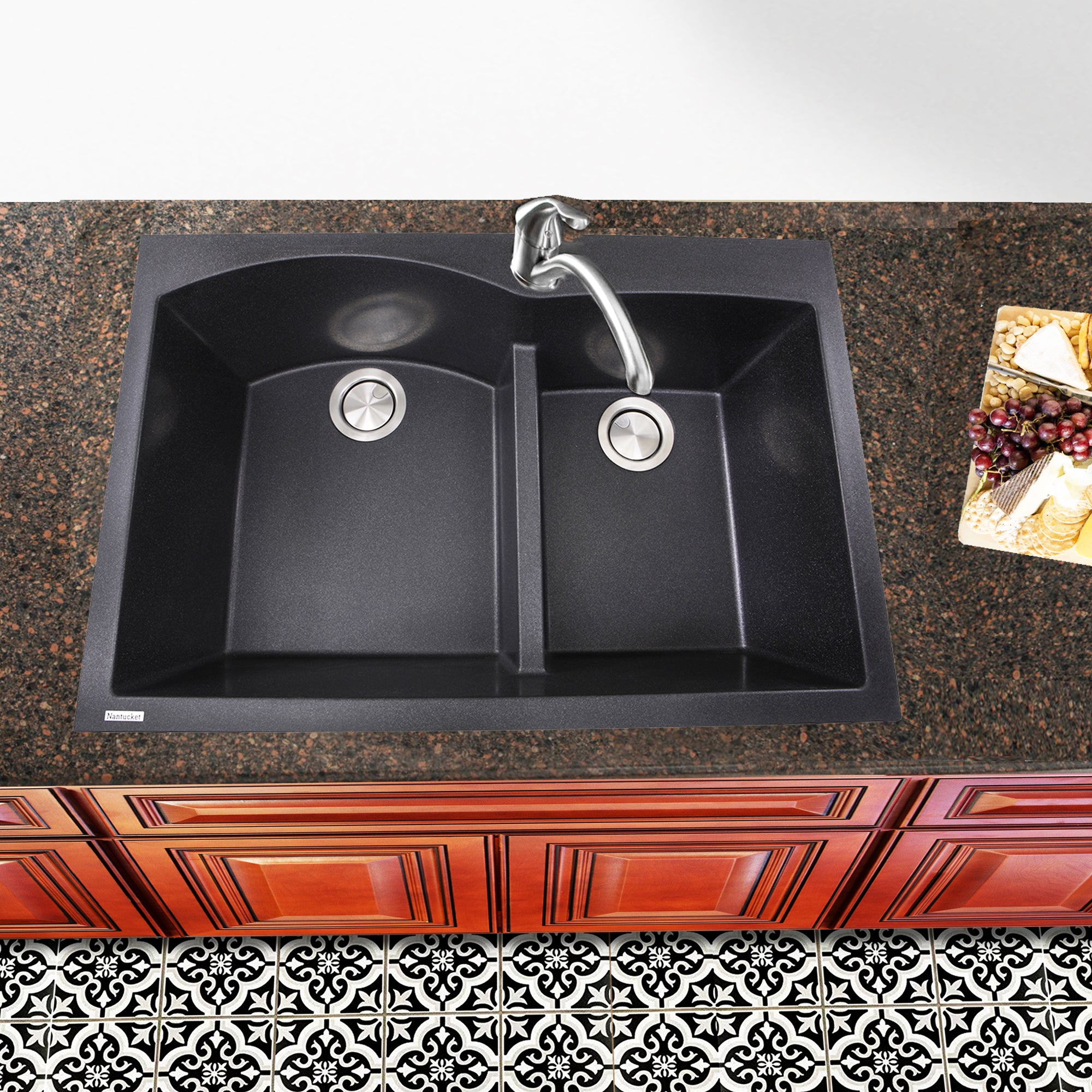 Nantucket Sinks Plymouth 33" Granite Composite Kitchen Sink, 60/40 Double Bowl, Black, PR6040-BL - The Sink Boutique