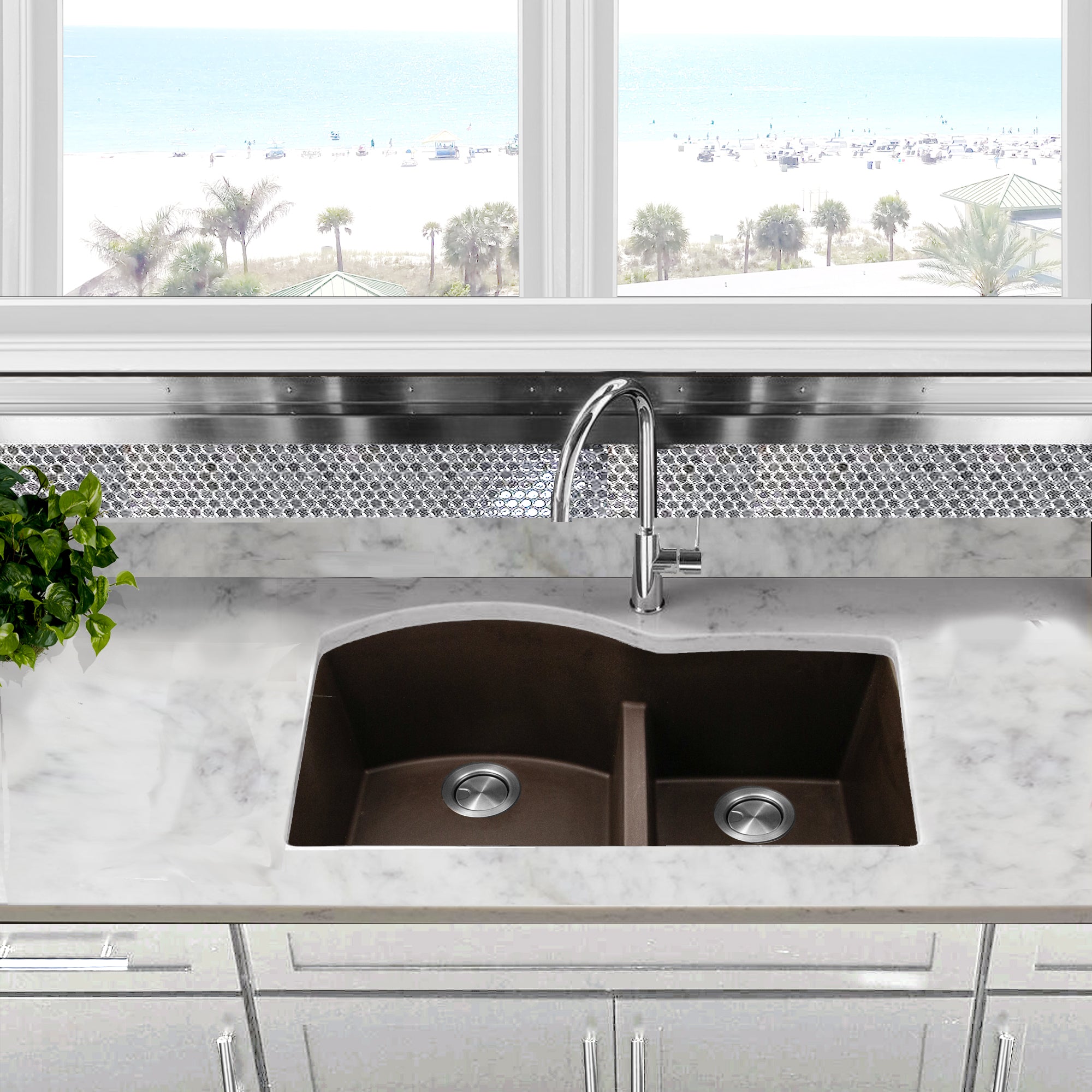 Alternate Image for Nantucket Sinks Plymouth 33" Granite Composite Kitchen Sink, 60/40 Double Bowl, Brown, PR6040-BR-UM