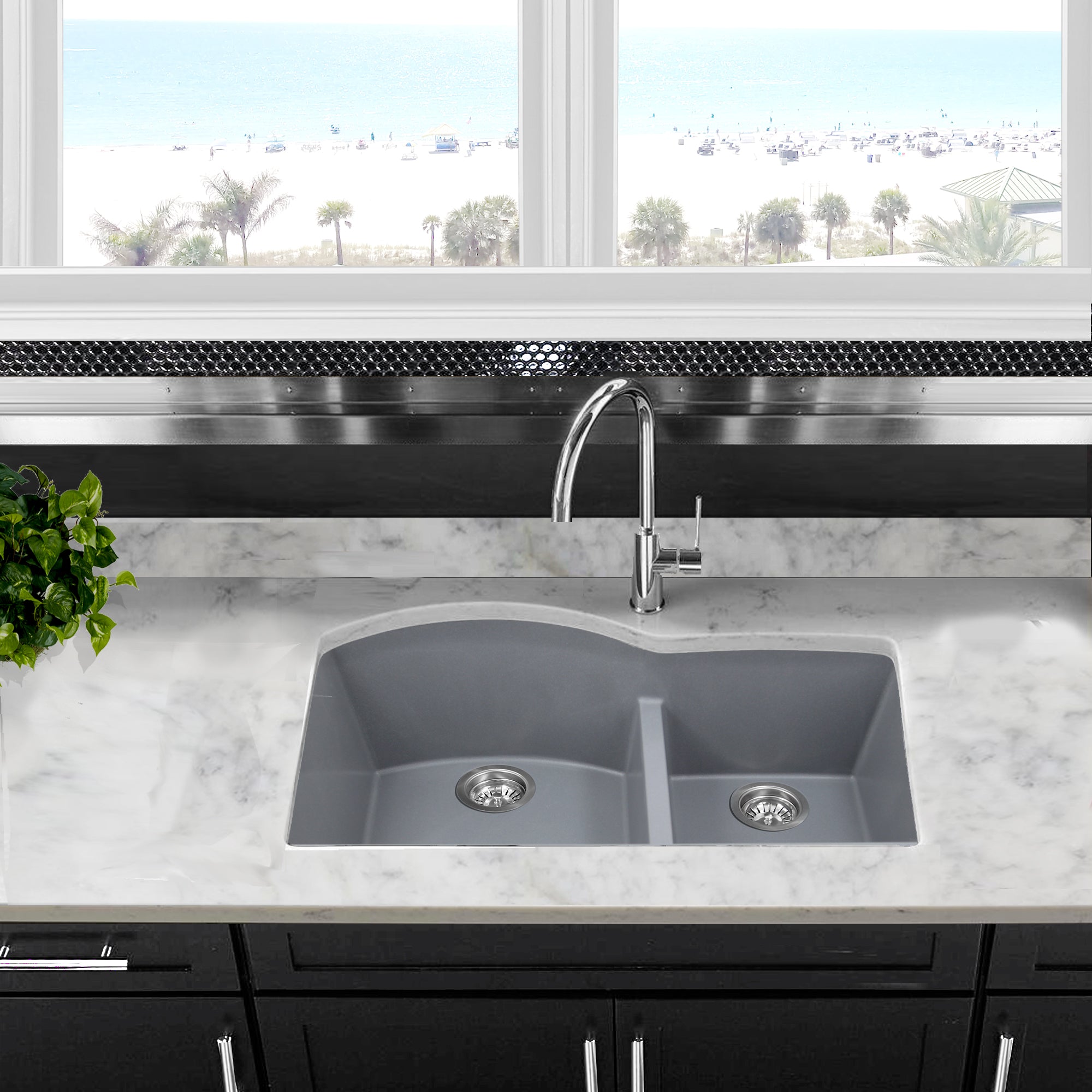 Nantucket Sinks Plymouth 33" Granite Composite Kitchen Sink, 60/40 Double Bowl, Titanium, PR6040-TI-UM - The Sink Boutique