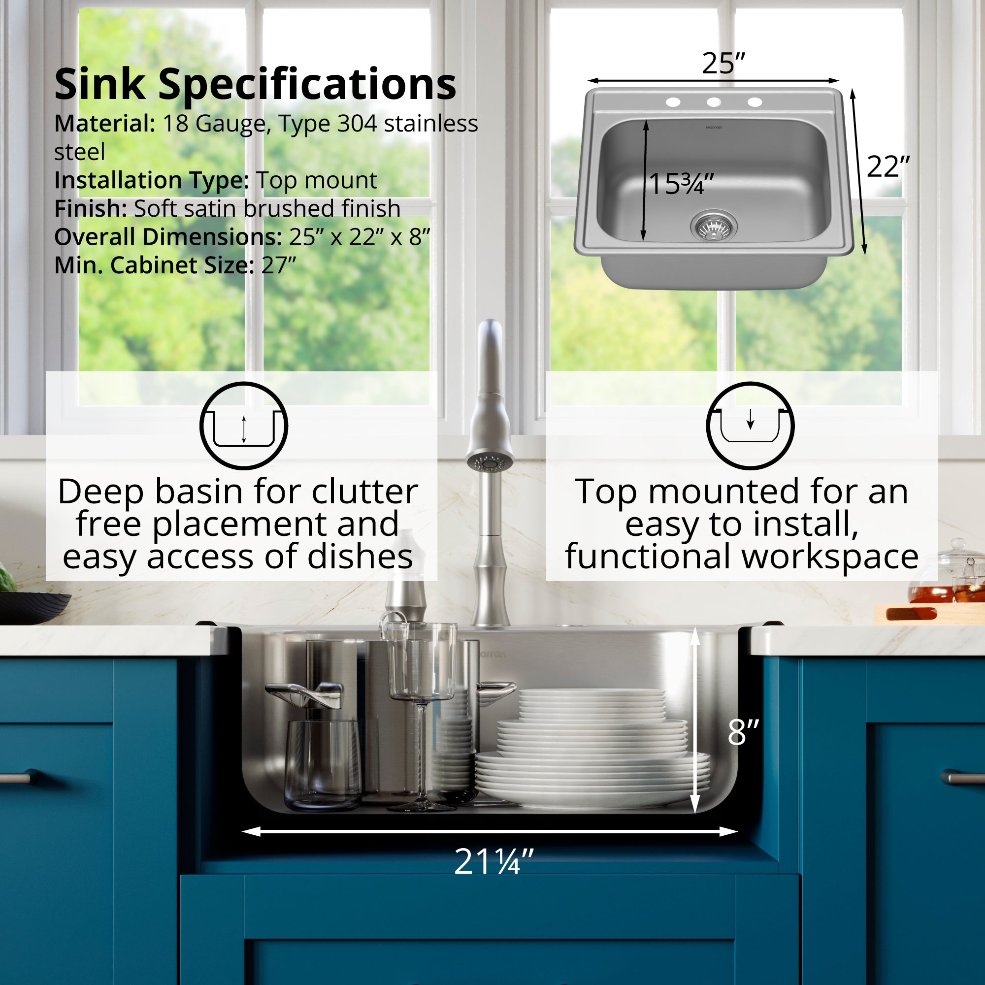 Alternate Image for Karran Profile 25" Drop In/Topmount Stainless Steel Kitchen Sink with Accessories, 18 Gauge, PT30-PK1