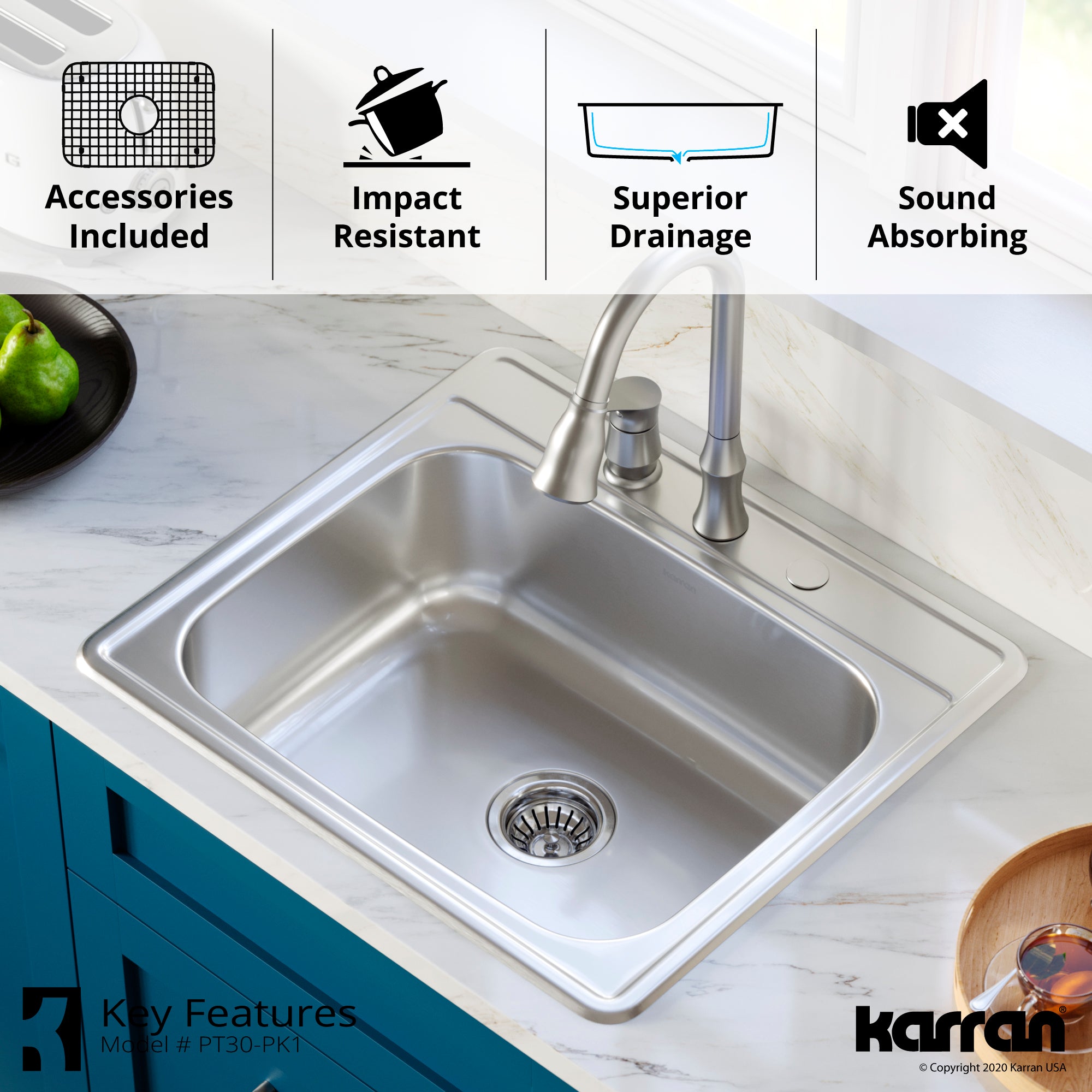 Alternate Image for Karran Profile 25" Drop In/Topmount Stainless Steel Kitchen Sink with Accessories, 18 Gauge, PT30-PK1