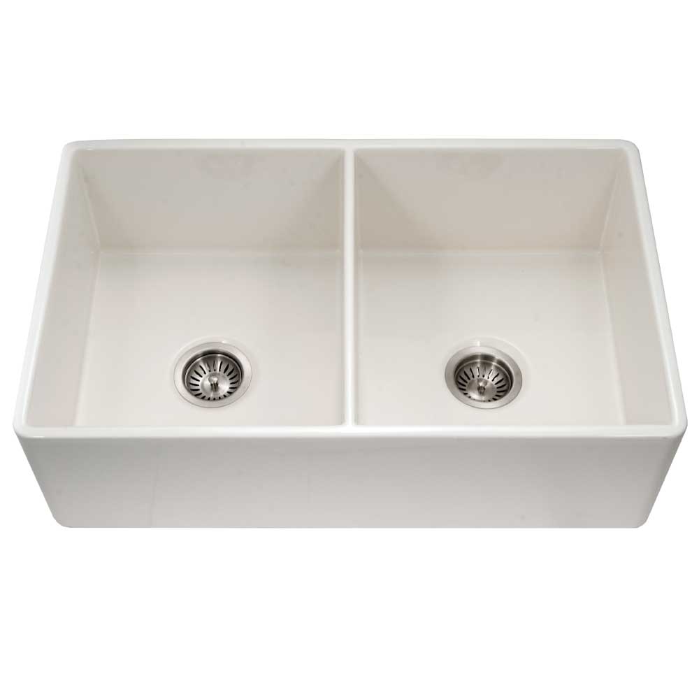 Houzer 33" Fireclay 50/50 Double Bowl Farmhouse Kitchen Sink, Biscuit, Platus Series, PTD-4400 BQ