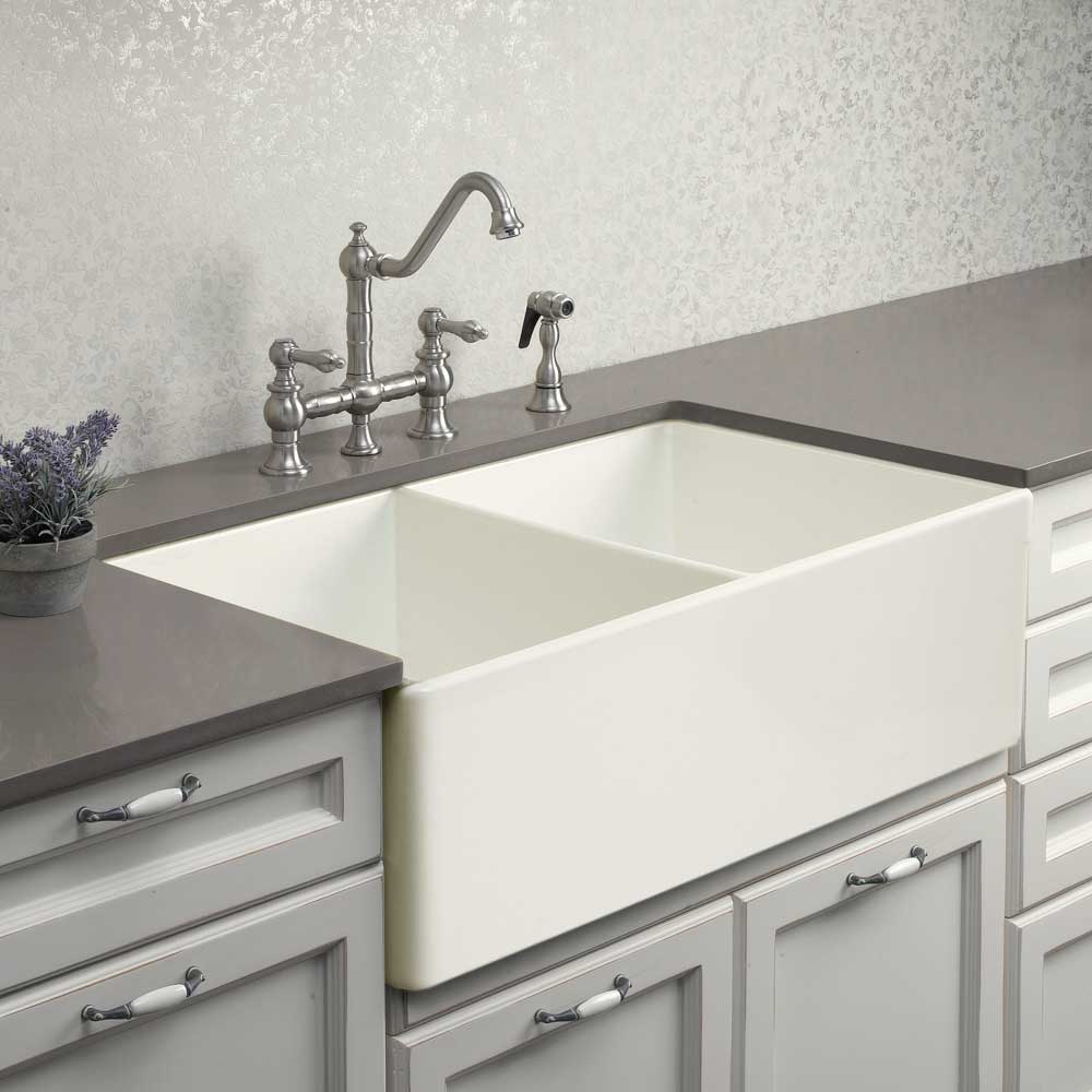 Houzer 33" Fireclay 50/50 Double Bowl Farmhouse Kitchen Sink, Biscuit, Platus Series, PTD-4400 BQ - The Sink Boutique