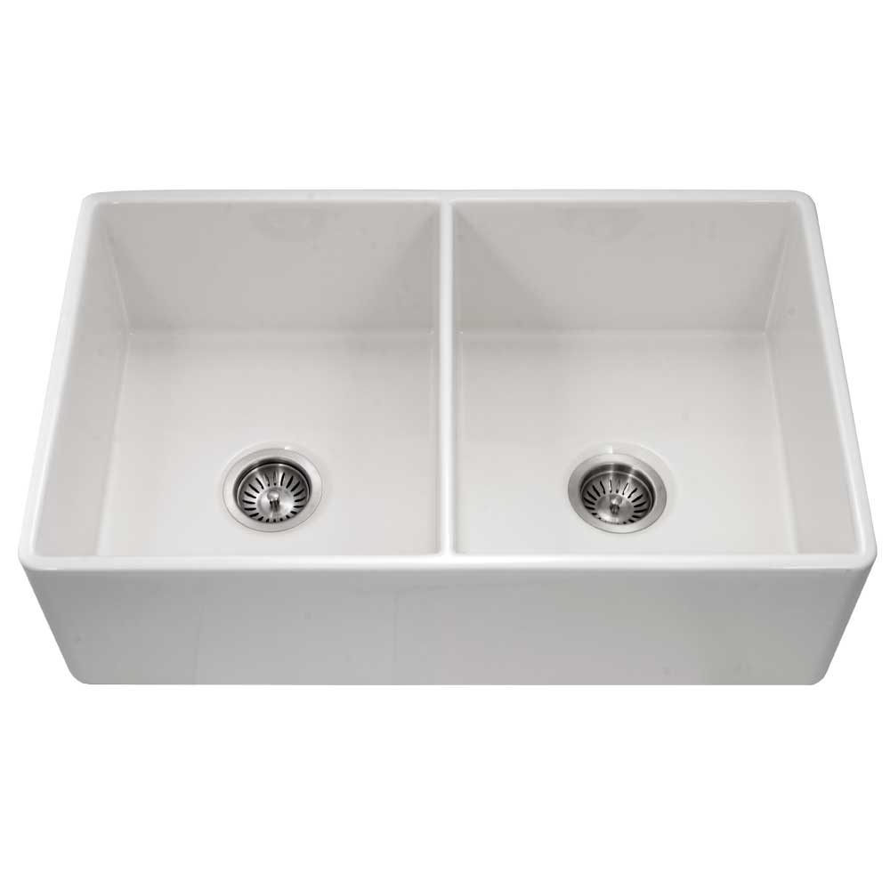 Alternate Image for Houzer 33" Fireclay 50/50 Double Bowl Farmhouse Kitchen Sink, White, Platus Series, PTD-4400 WH