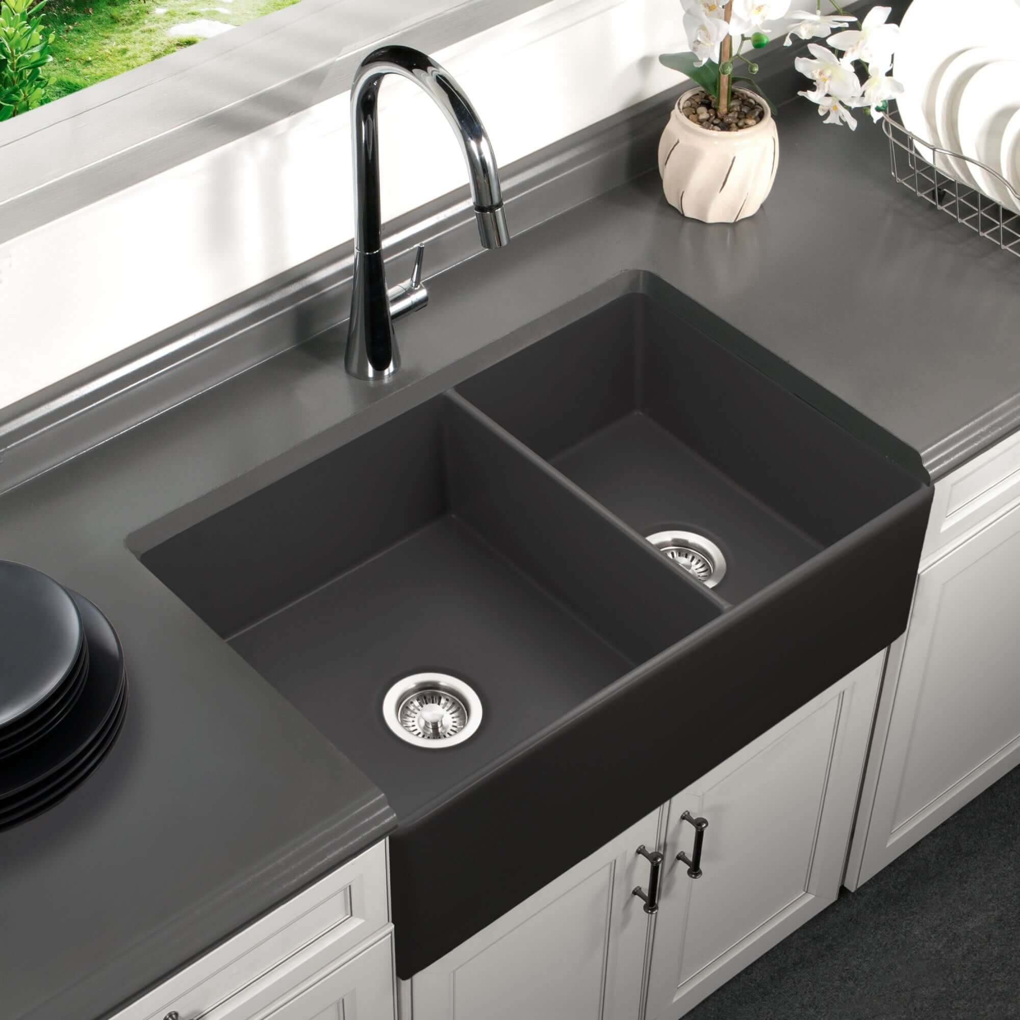 Houzer Platus 33" Fireclay Farmhouse Sink, 60/40 Double Bowl, Black, PTD-6040 BL