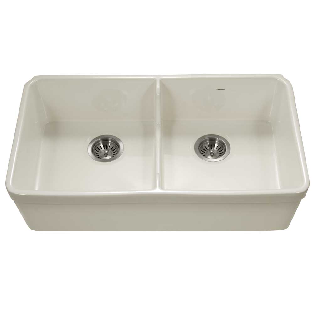 Houzer 32" Fireclay 50/50 Double Bowl Farmhouse Kitchen Sink, Biscuit, Platus Series, PTD-6400 BQ