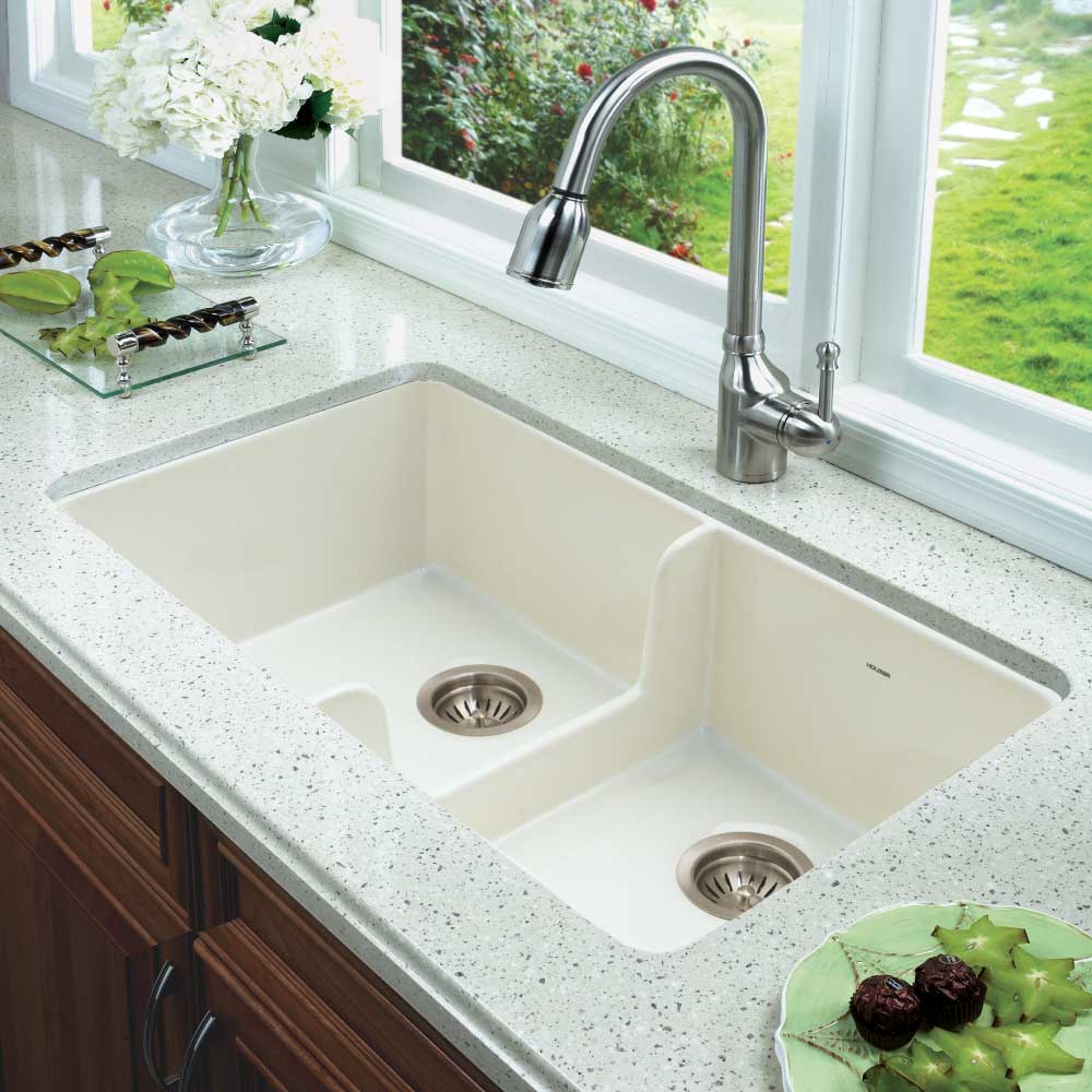 Houzer 32" Fireclay 50/50 Double Bowl Farmhouse Kitchen Sink, Biscuit, Platus Series, PTD-6400 BQ - The Sink Boutique