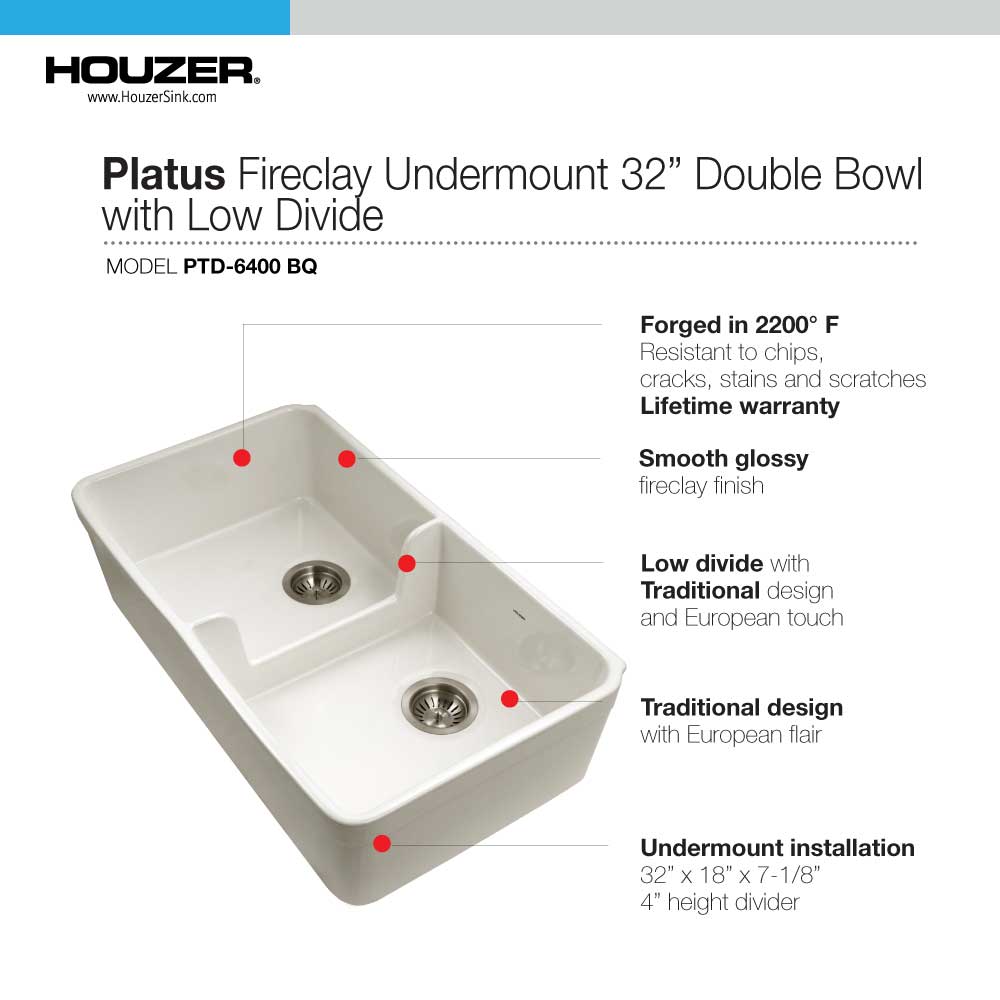 Alternate Image for Houzer Platus 32" Fireclay 50/50 Low Divide Double Bowl Farmhouse Kitchen Sink, Biscuit, PTD-6400 BQ