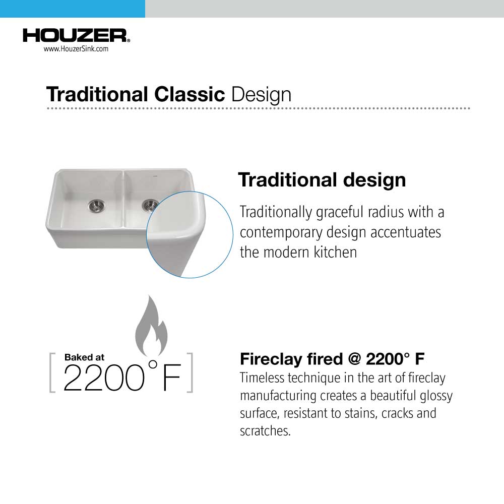 Alternate Image for Houzer Platus 32" Fireclay 50/50 Low Divide Double Bowl Farmhouse Kitchen Sink, Biscuit, PTD-6400 BQ