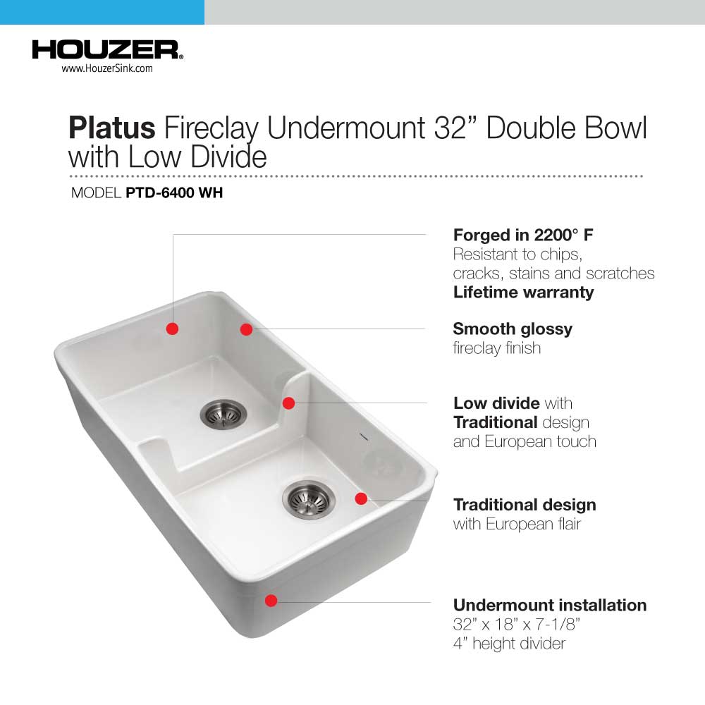 Alternate Image for Houzer Platus 32" Fireclay 50/50 Low Divide Double Bowl Farmhouse Kitchen Sink, White, PTD-6400 WH