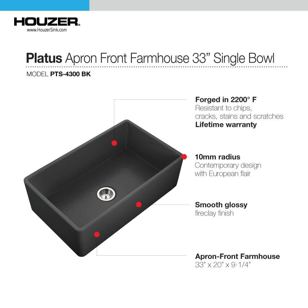 Alternate Image for Houzer 33" Fireclay Single Bowl Farmhouse Kitchen Sink, Black, Platus Series, PTG-4300 BL