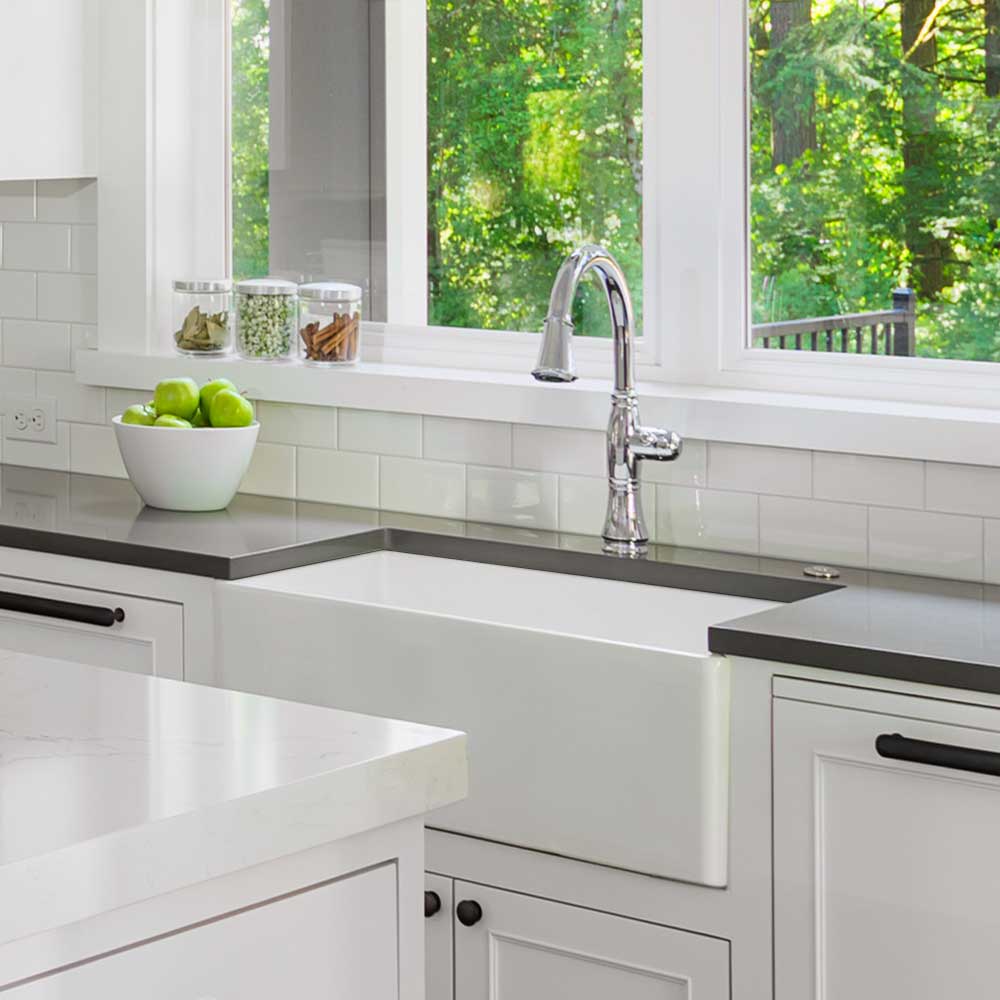 Houzer 26" Fireclay Single Bowl Farmhouse Kitchen Sink, White, Platus Series, PTS-2600 WH - The Sink Boutique