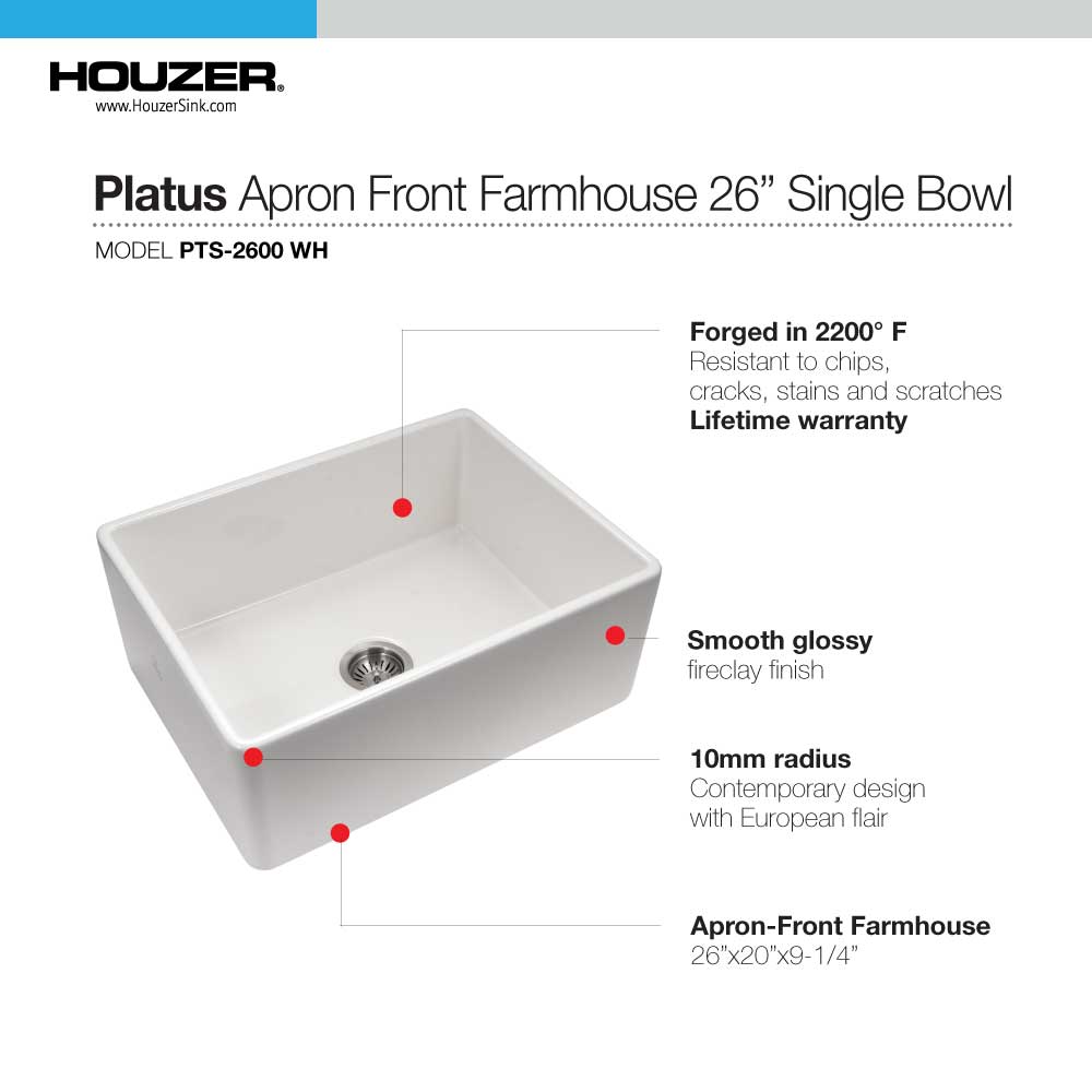 Alternate Image for Houzer 26" Fireclay Single Bowl Farmhouse Kitchen Sink, White, Platus Series, PTS-2600 WH