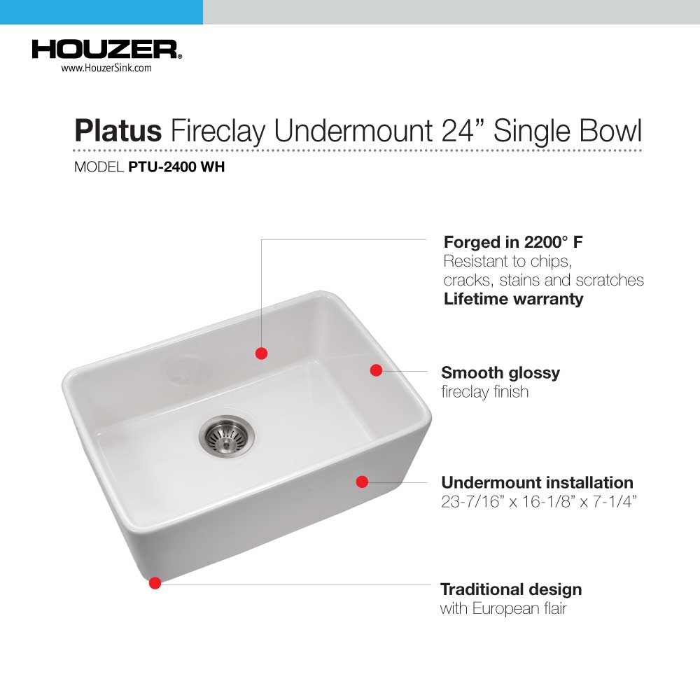 Alternate Image for Houzer 23" Fireclay Undermount Single Bowl Kitchen Sink, White, Platus Series, PTU-2400 WH