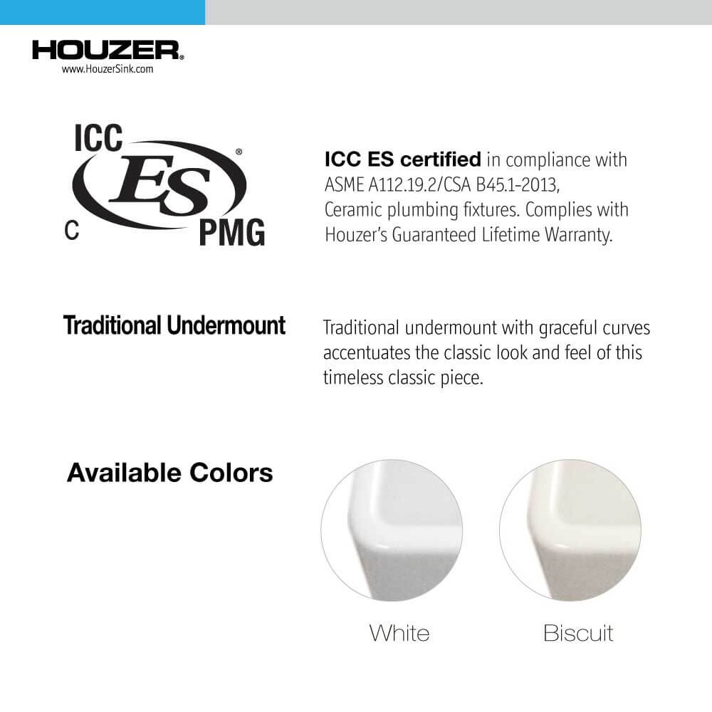 Alternate Image for Houzer 23" Fireclay Undermount Single Bowl Kitchen Sink, White, Platus Series, PTU-2400 WH
