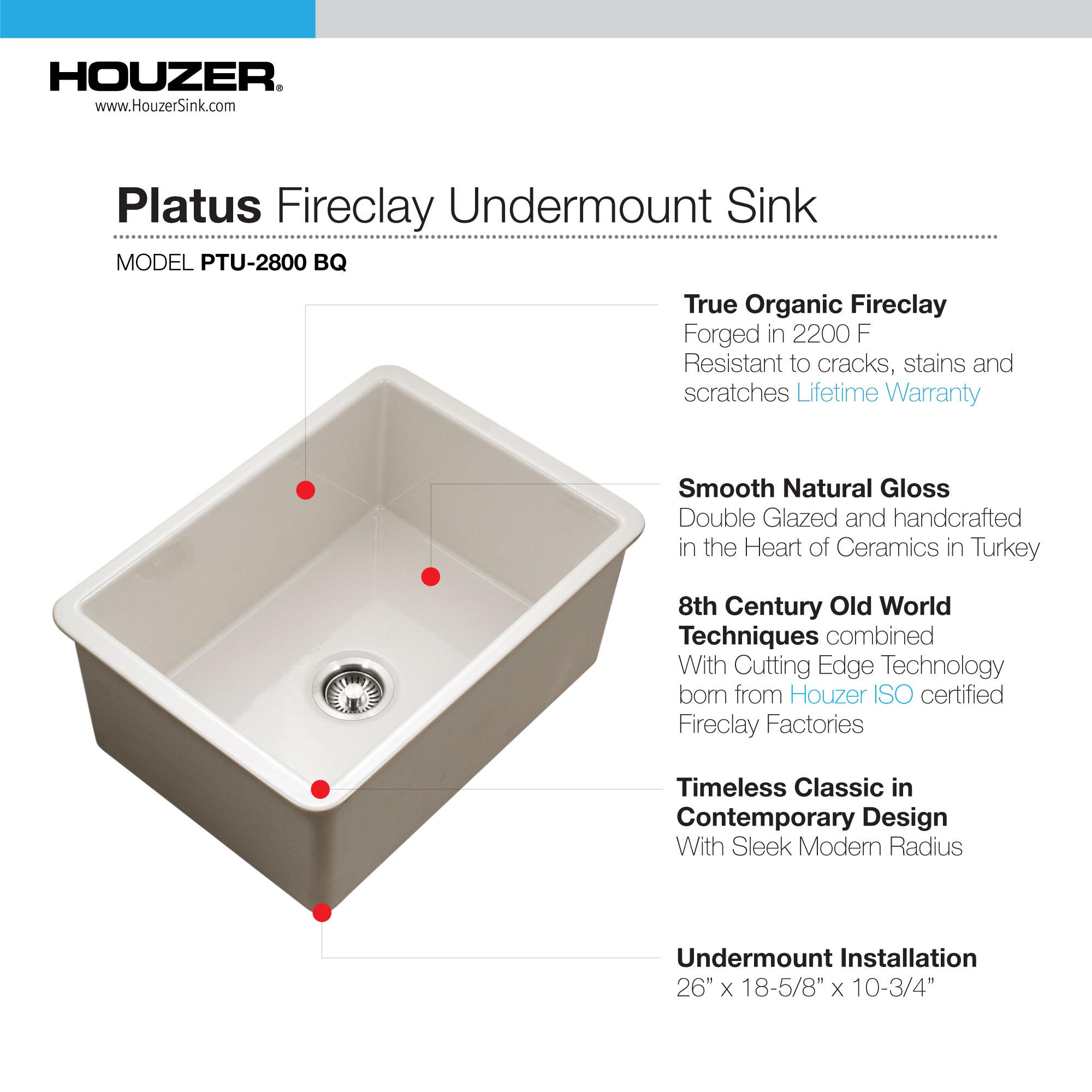 Alternate Image for Houzer Platus 18" Undermount Fireclay Kitchen Sink, Biscuit, PTU-2800 BQ