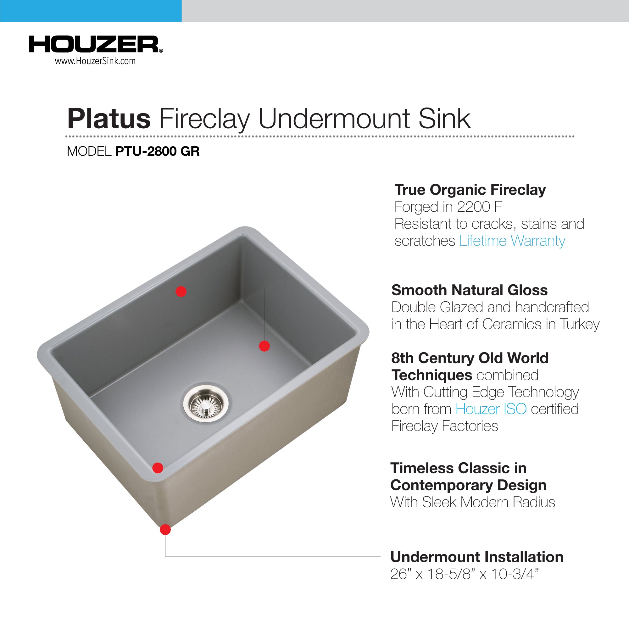 Alternate Image for Houzer Platus 18" Undermount Fireclay Kitchen Sink, Gray, PTU-2800 GR