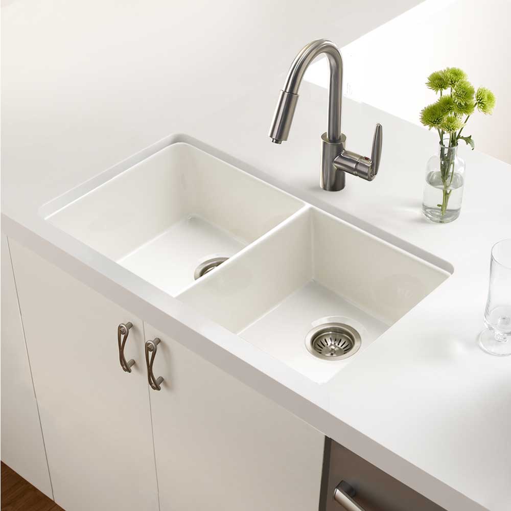 Houzer 32" Fireclay 50/50 Double Bowl Farmhouse Kitchen Sink, Biscuit, Platus Series, PTU-3200 BQ - The Sink Boutique