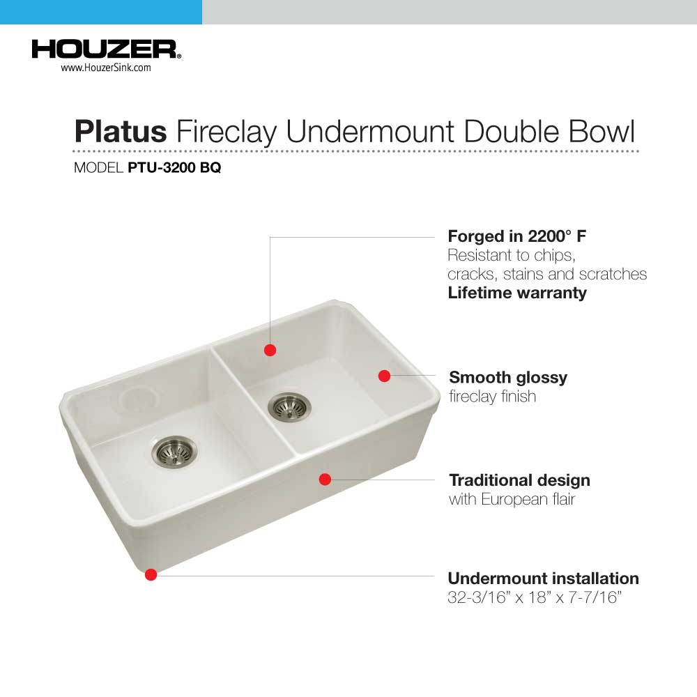 Alternate Image for Houzer Platus 32" Fireclay 50/50 Double Bowl Undermount Kitchen Sink, Biscuit, PTU-3200 BQ-C