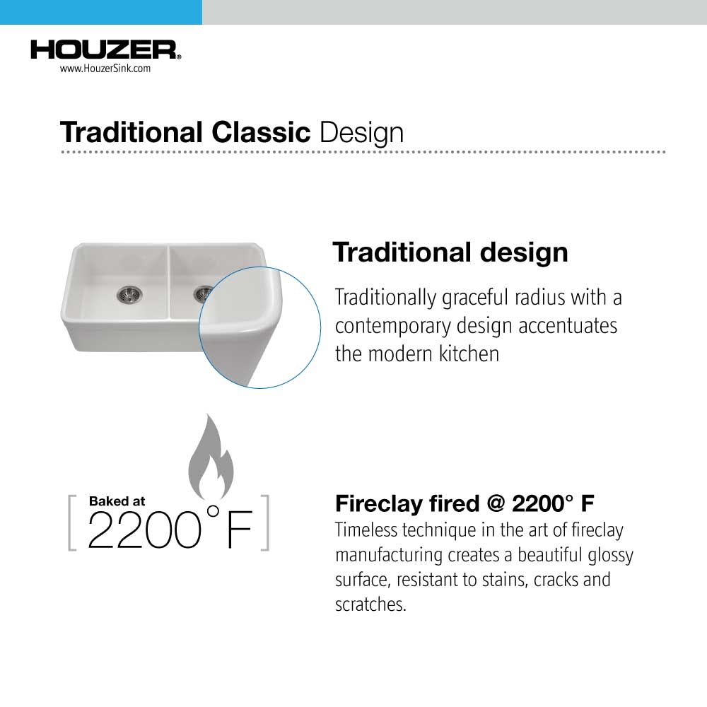 Alternate Image for Houzer Platus 32" Fireclay 50/50 Double Bowl Undermount Kitchen Sink, Biscuit, PTU-3200 BQ-C