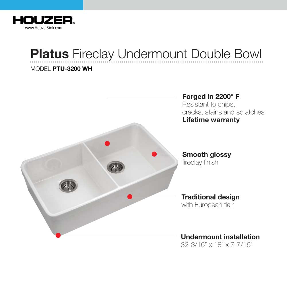 Alternate Image for Houzer Platus 32" Fireclay 50/50 Double Bowl Undermount Kitchen Sink, White, PTU-3200 WH