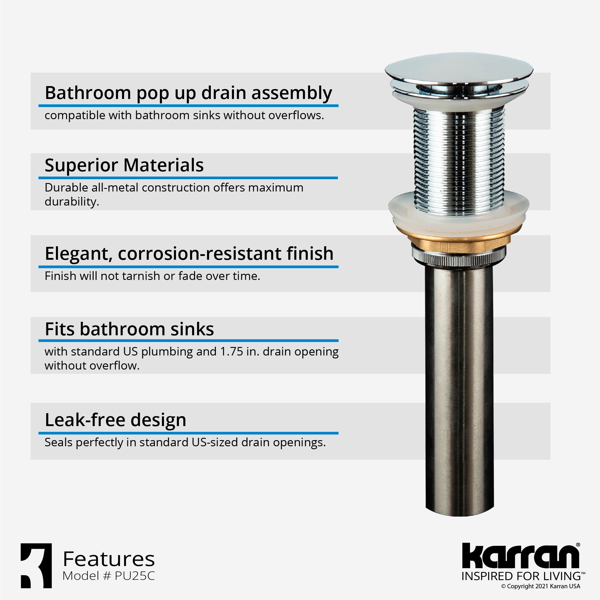 Alternate Image for Karran Lead-free Brass Pop-Up Vanity Bowl Drain, Stainless Steel, PU25SS
