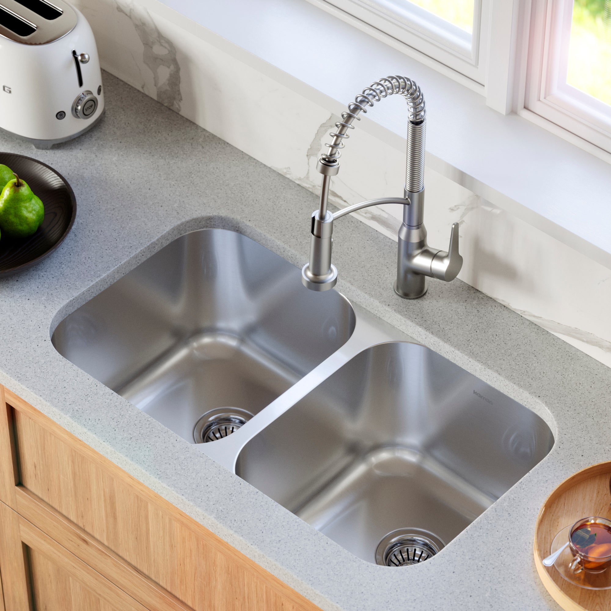 Karran Profile 32" Undermount Stainless Steel Kitchen Sink with Accessories, 50/50 Double Bowl, 16 Gauge, PU51-PK1