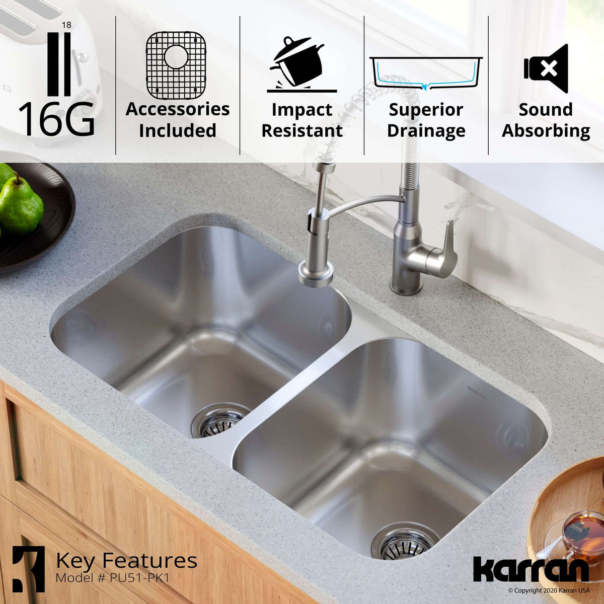 Alternate Image for Karran Profile 32" Undermount Stainless Steel Kitchen Sink with Accessories, 50/50 Double Bowl, 16 Gauge, PU51-PK1