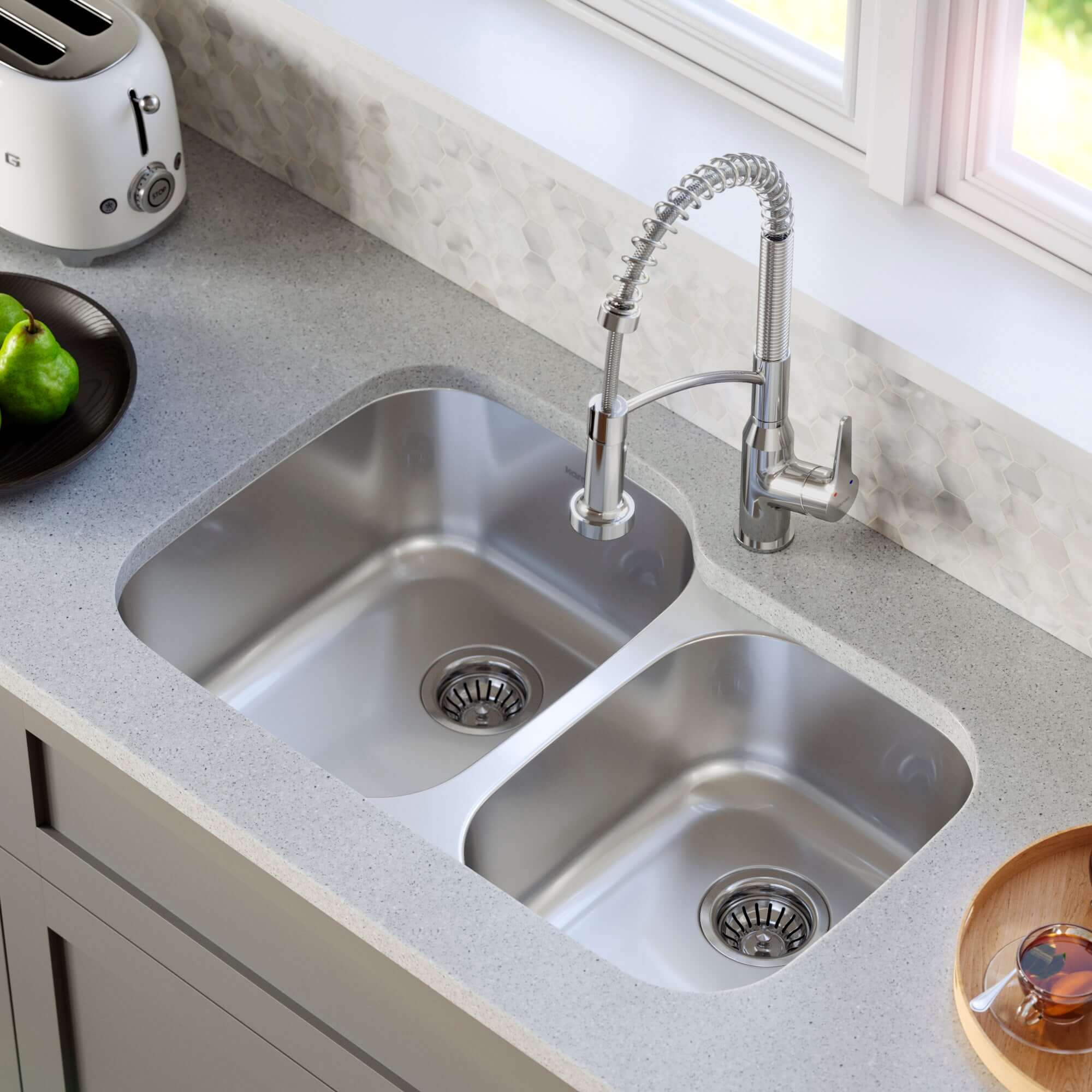 Alternate Image for Karran Profile 32" Undermount Stainless Steel Kitchen Sink with Accessories, 60/40 Double Bowl, 16 Gauge, PU53R-PK1