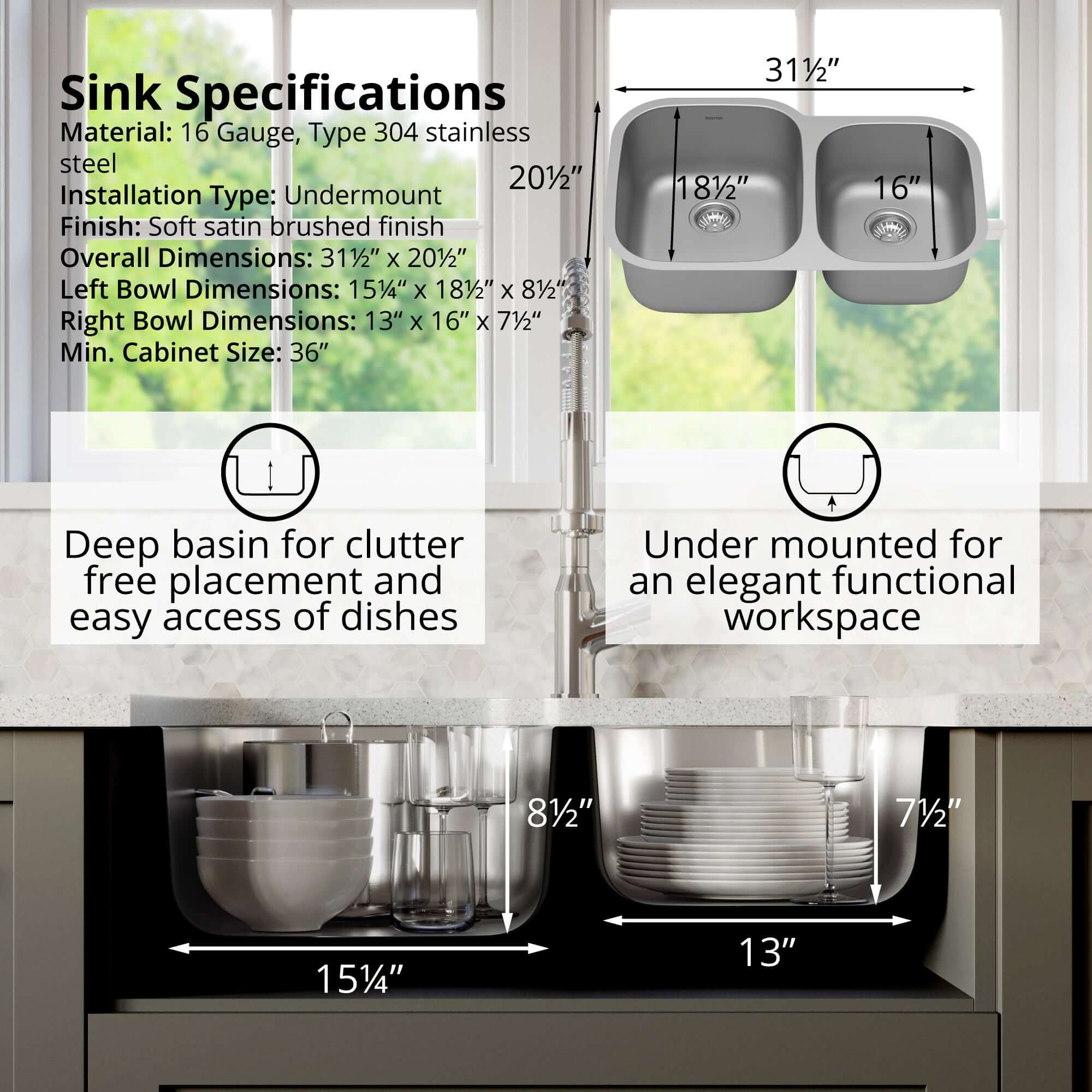 Alternate Image for Karran Profile 32" Undermount Stainless Steel Kitchen Sink with Accessories, 60/40 Double Bowl, 16 Gauge, PU53R-PK1