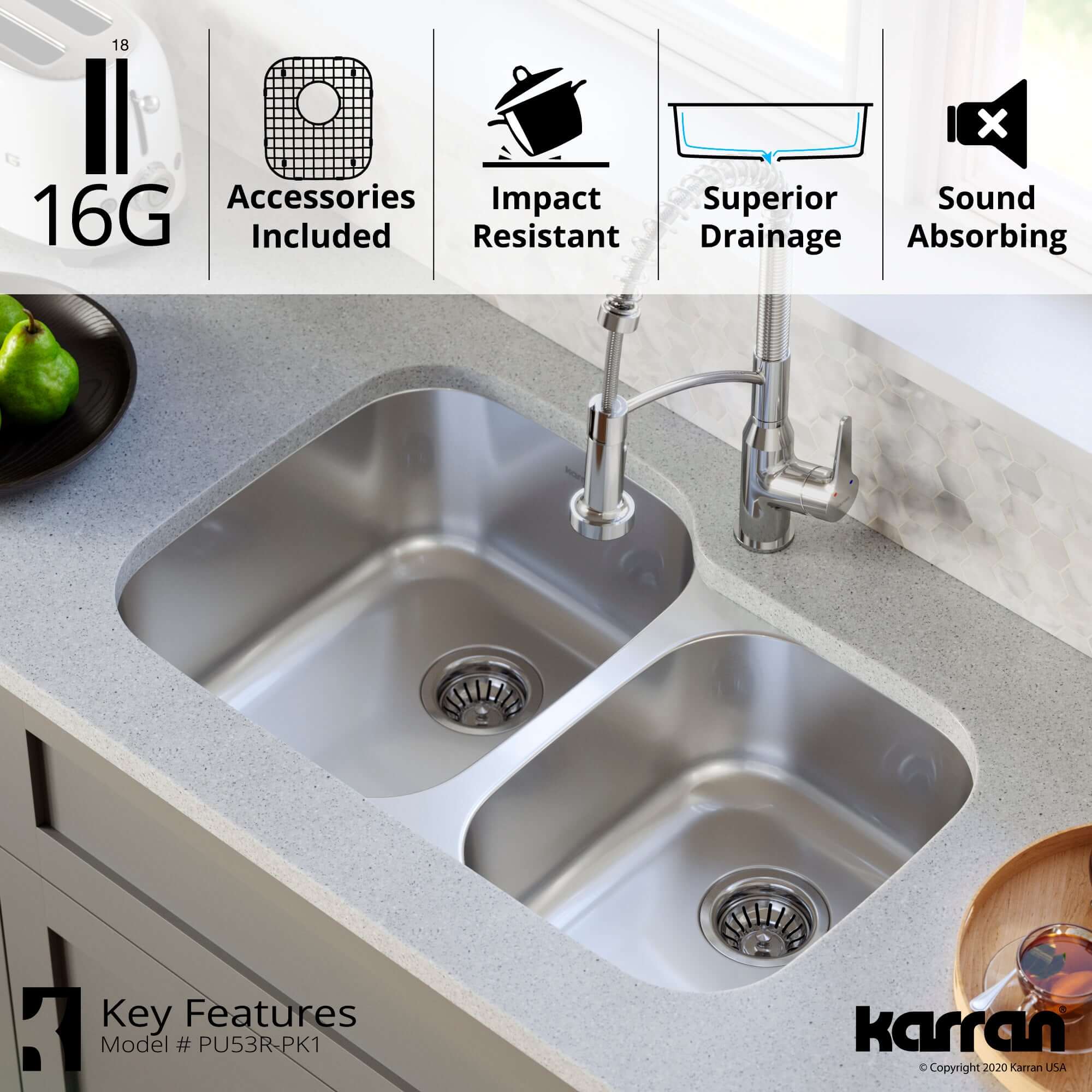 Alternate Image for Karran Profile 32" Undermount Stainless Steel Kitchen Sink with Accessories, 60/40 Double Bowl, 16 Gauge, PU53R-PK1