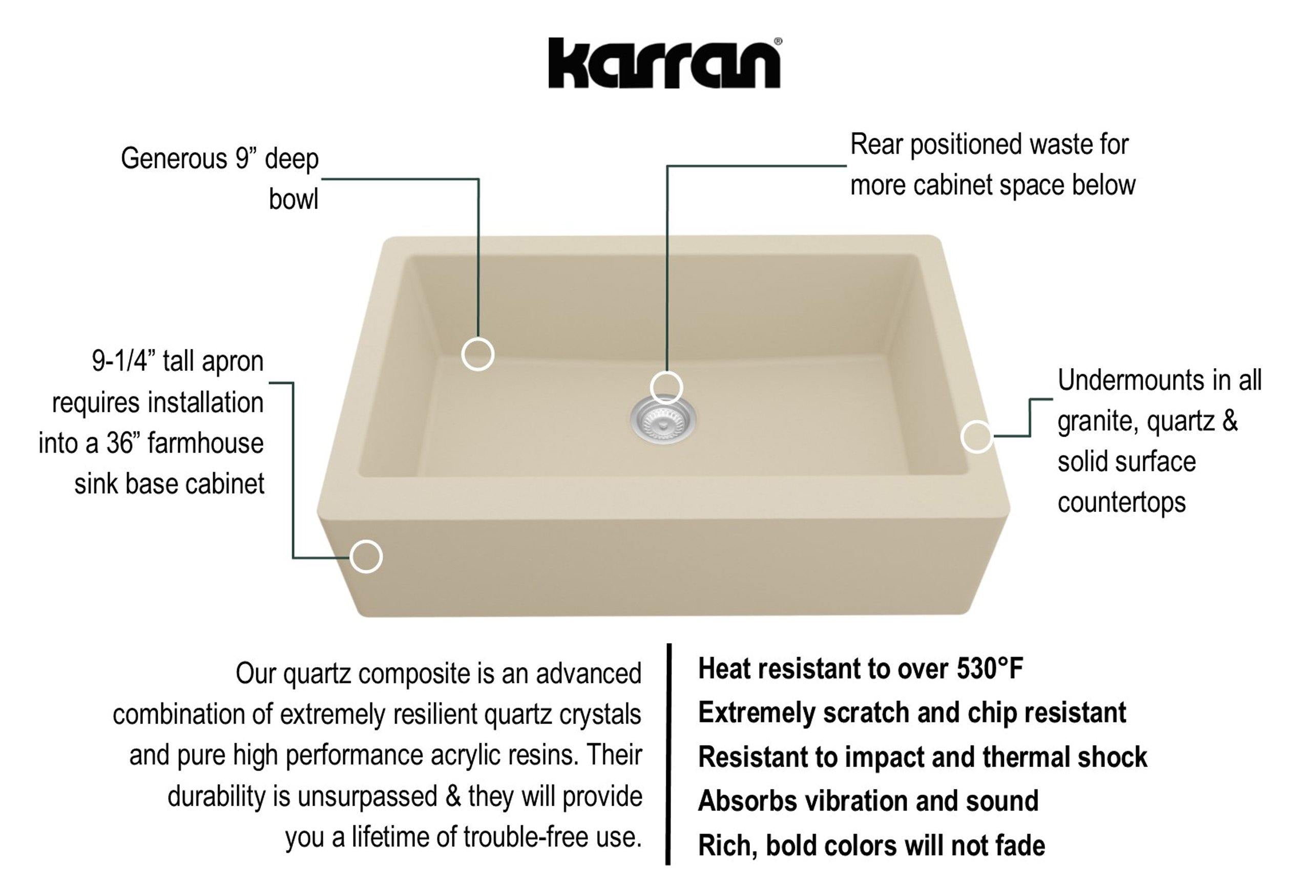 Karran 34" Quartz Composite Farmhouse Sink, Bisque, QA-740-BI