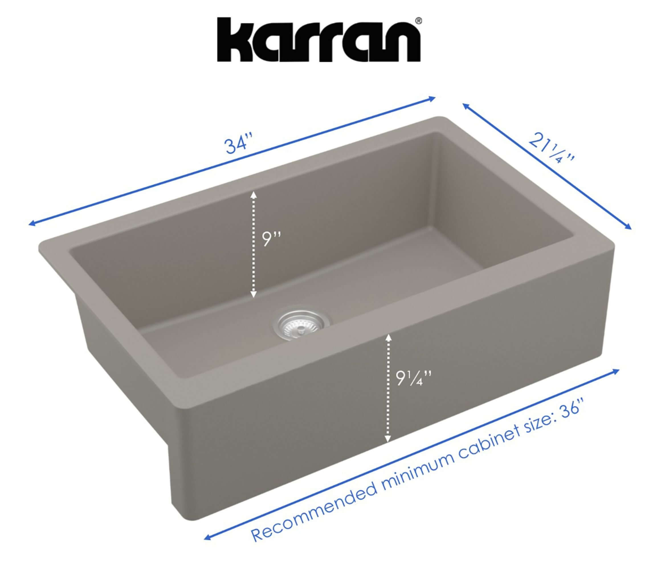 Alternate Image for Karran 34" Quartz Composite Farmhouse Sink, Concrete, QA-740-CN-PK1
