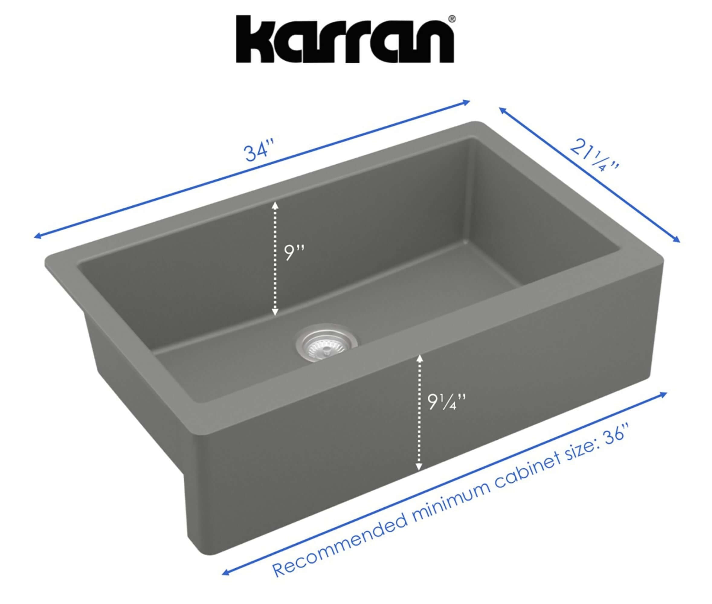 Alternate Image for Karran 34" Quartz Composite Farmhouse Sink, Grey, QA-740-GR-PK1