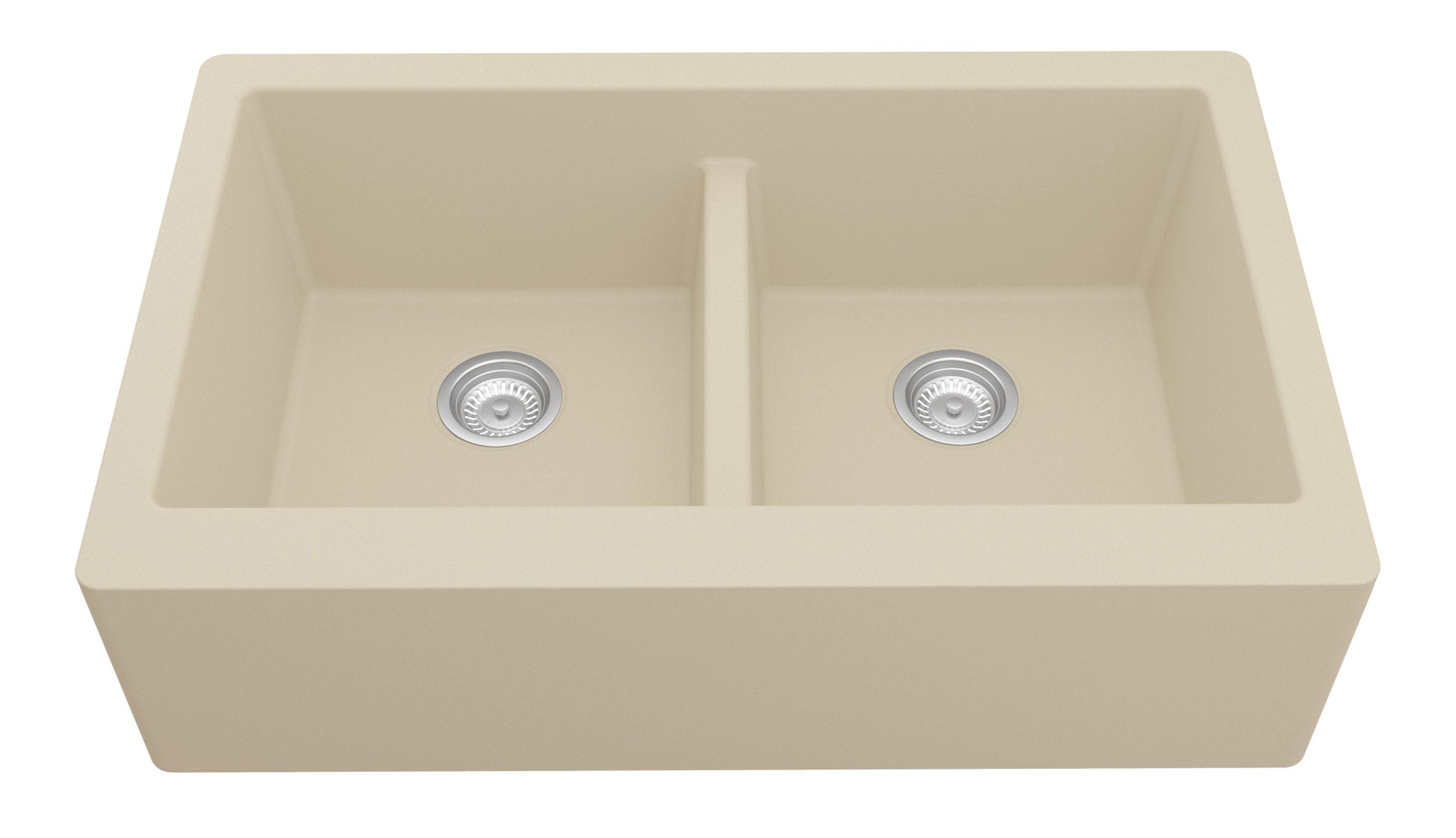 Karran 34" Quartz Composite Farmhouse Sink, 50/50 Double Bowl, Bisque, QA-750-BI